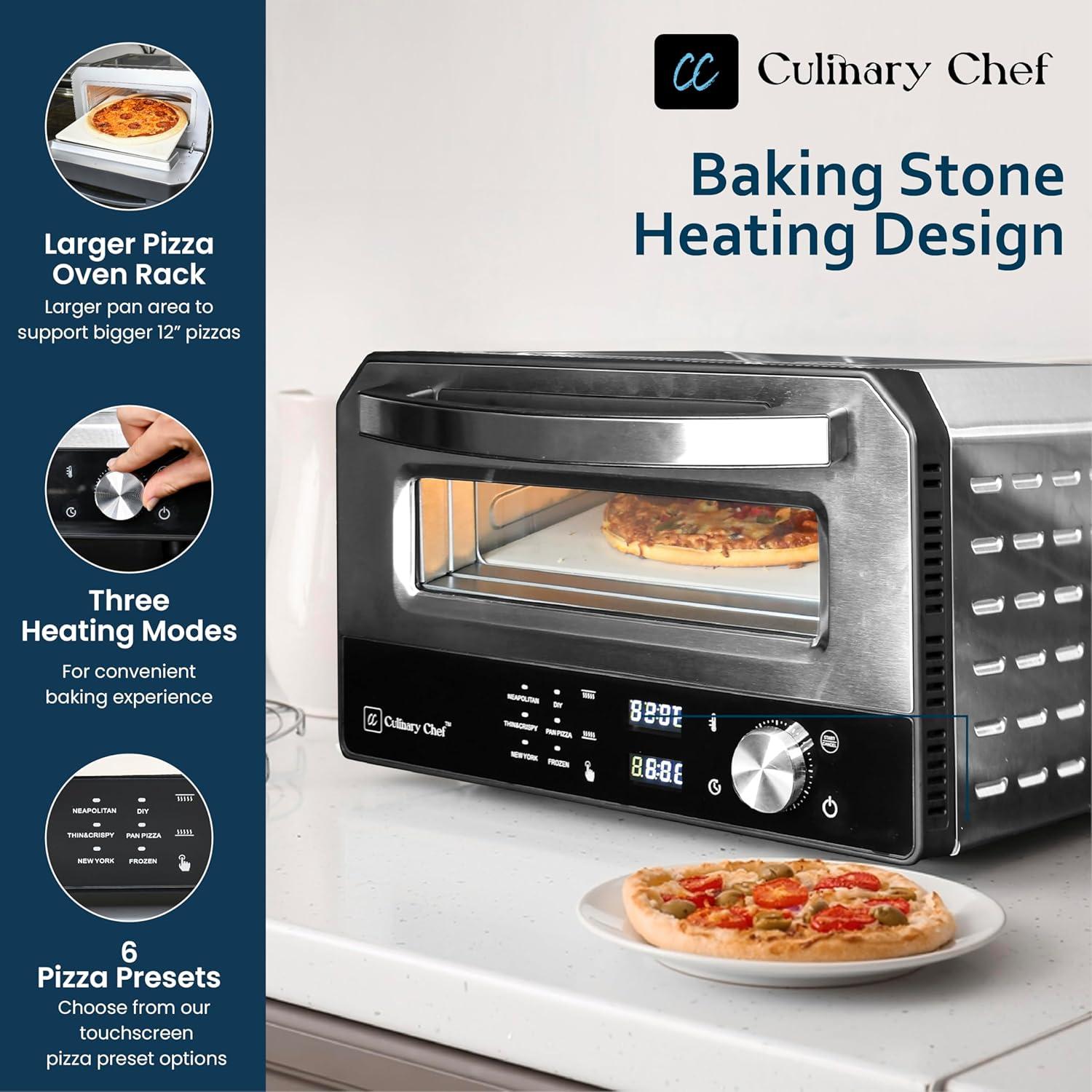 Culinary Chef Culinary Chef Indoor Pizza Oven, Temperature Control, Bonus Artisanal Cutter, Removable Stone, SS