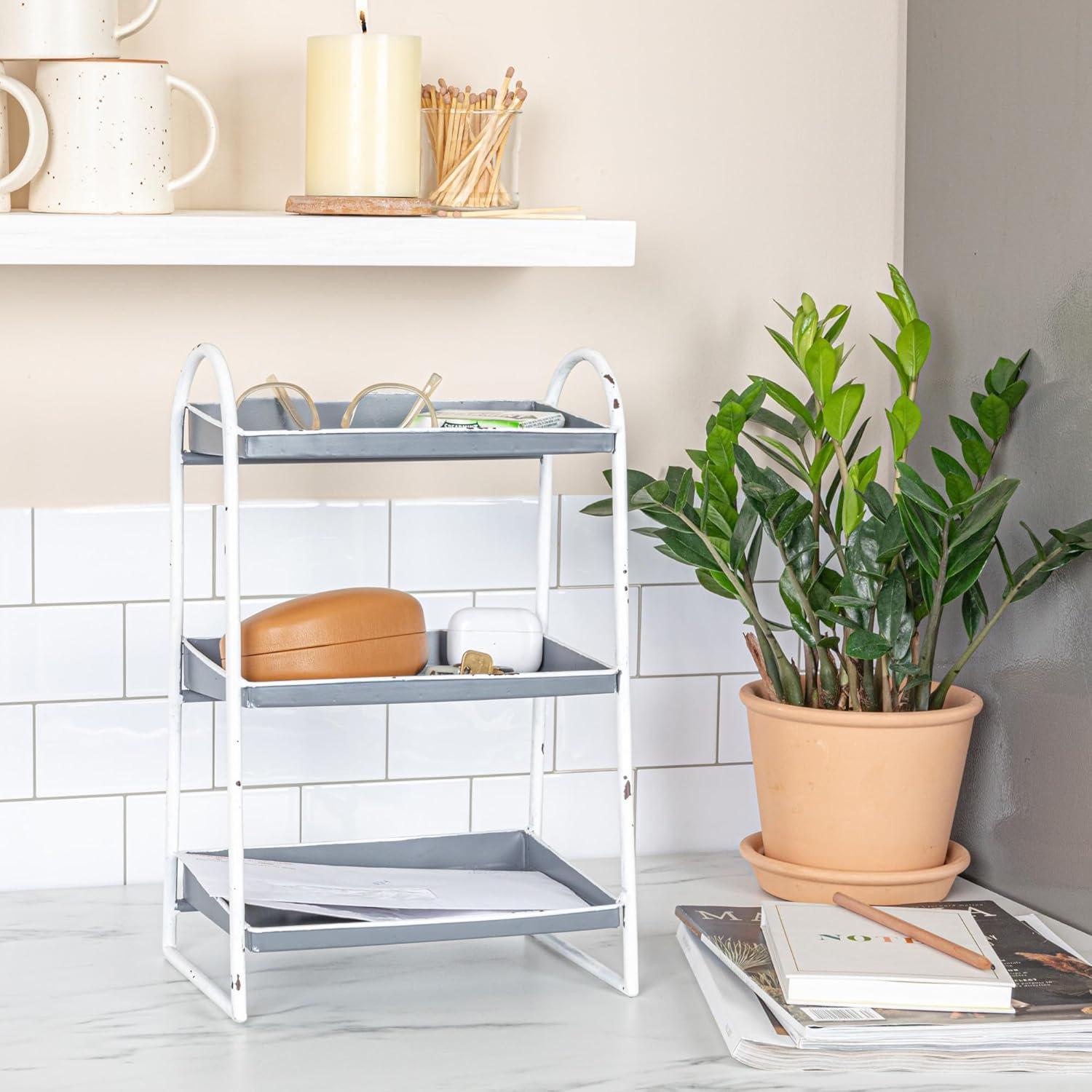 Creative Co-Op Heavily Distressed Grey 3-Tier Metal Tray with White Frame & Rim