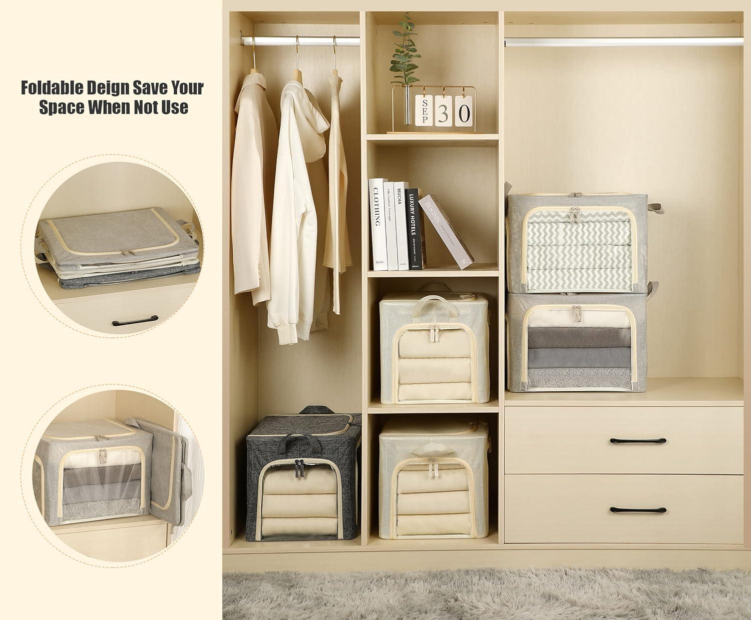 3 Openings Clothes Storage Bins With Metal Frame, Foldable Storage Bin For Clothes, Clothing Storage Bins With Lid, Linen Storage Box With Clear Window& Zippers& Durable Handles.(3 Pcs,Light Grey,40L)