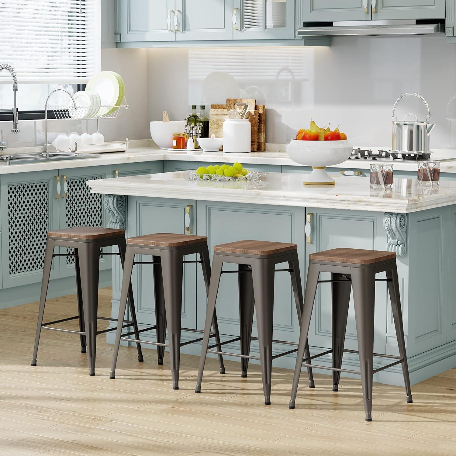 WENTMENT Bar Stools Set of 4 Counter Height Bar Stools Metal Barstools with Removable Back 30" Kitchen Bar Stools with Wooden Seat, Rusty