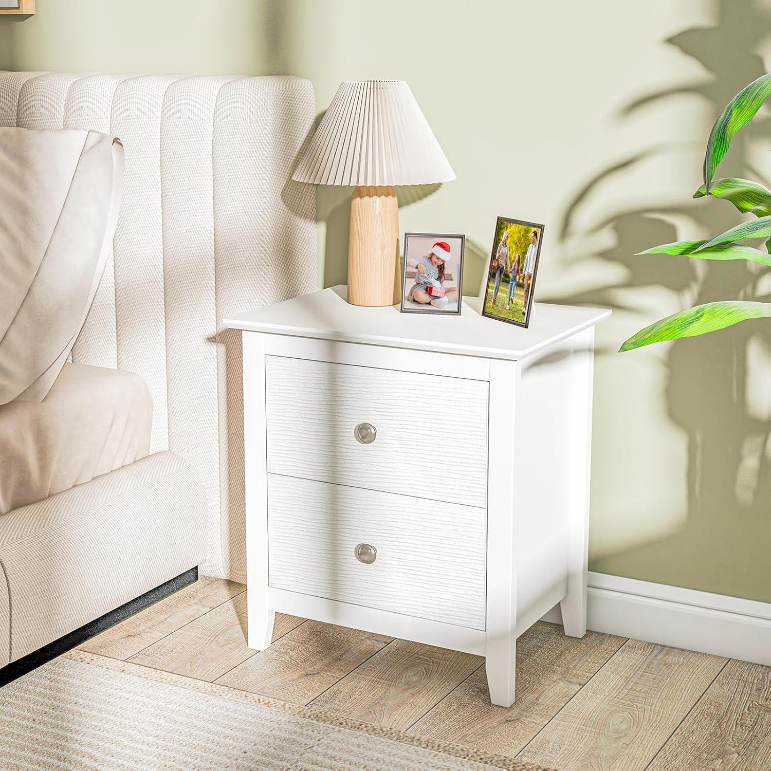 Tangkula Modern Nightstand with Storage 2 Drawers & Support Legs for Bedroom White