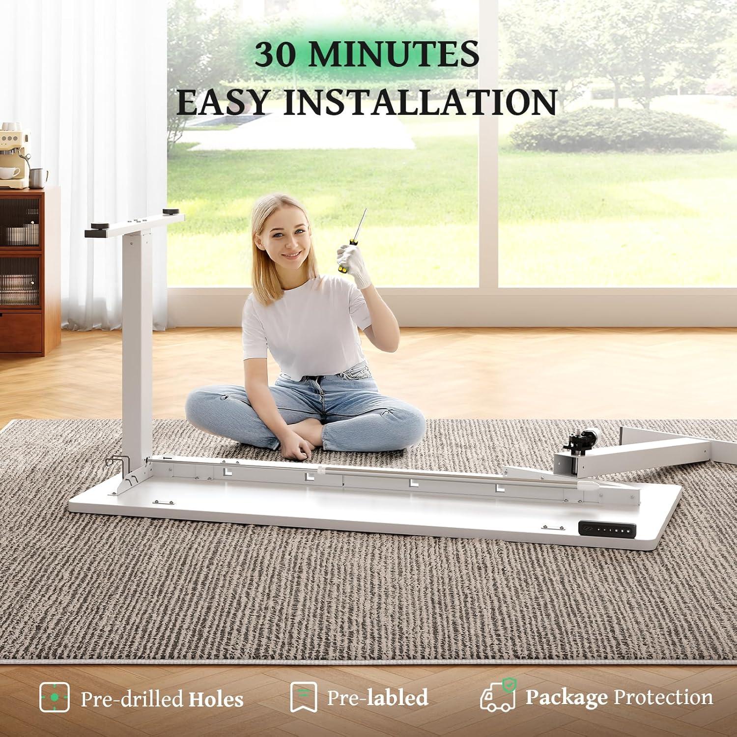 White Adjustable Height Standing Computer Desk with Headphone Hook