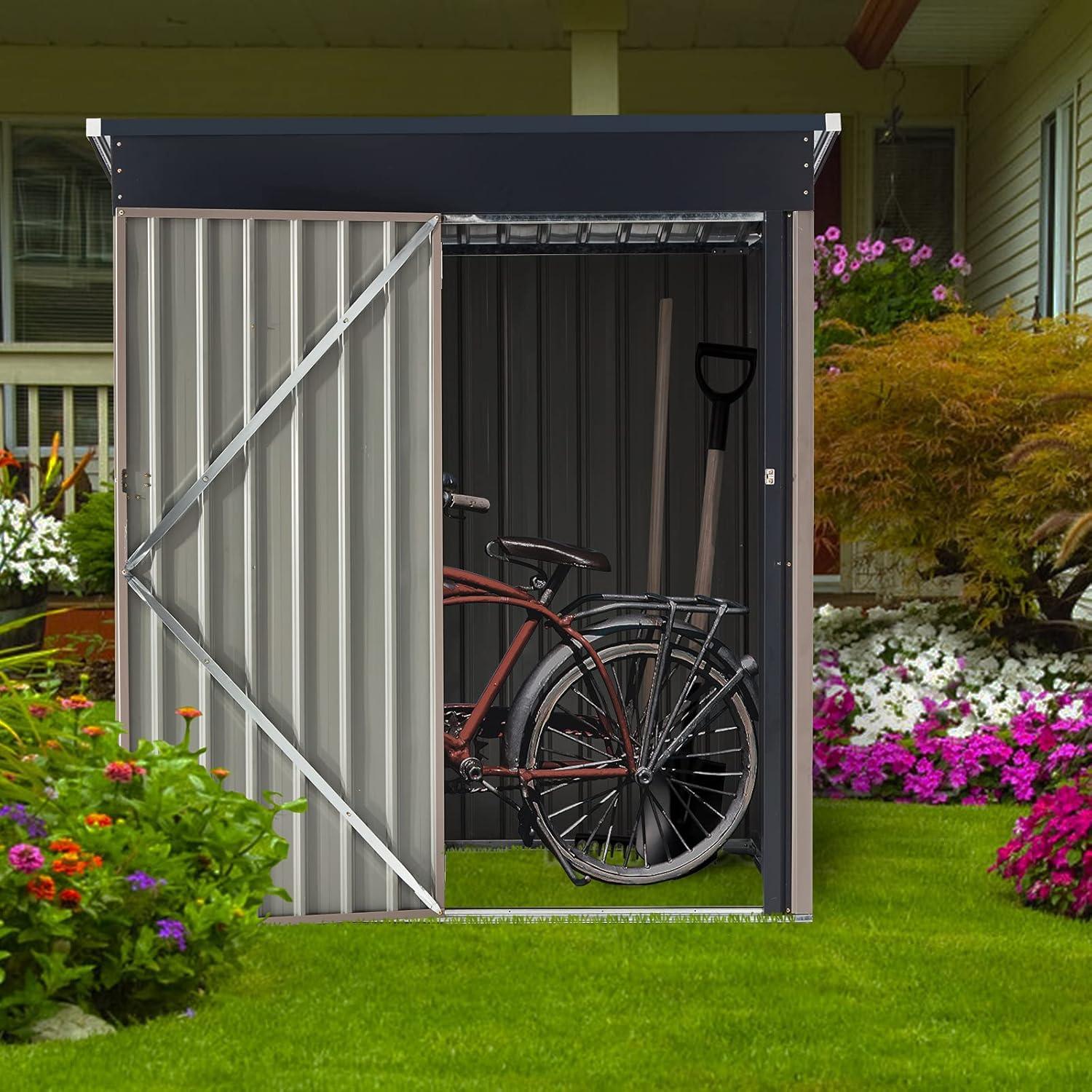 YODOLLA 5 x 3 ft. Outdoor Metal Steel Storage Shed with Sliding Roof & Lockable Door for Backyard, Garden