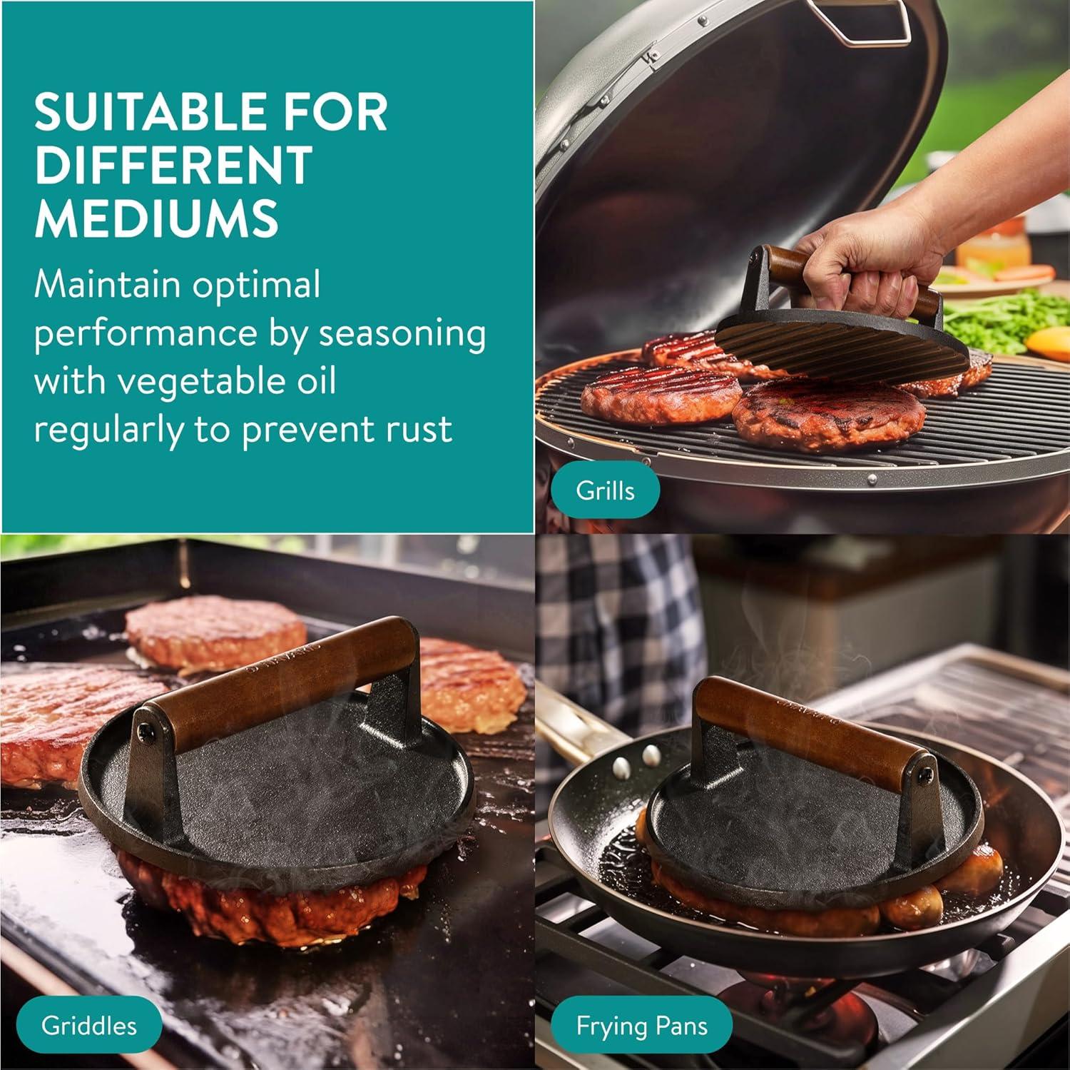 Navaris Cast Iron Round Burger Smasher - Food Grade Smash Burger Press with Wooden Handle - Grill BBQ Meat Patty Maker - Chef Press Burger Weight