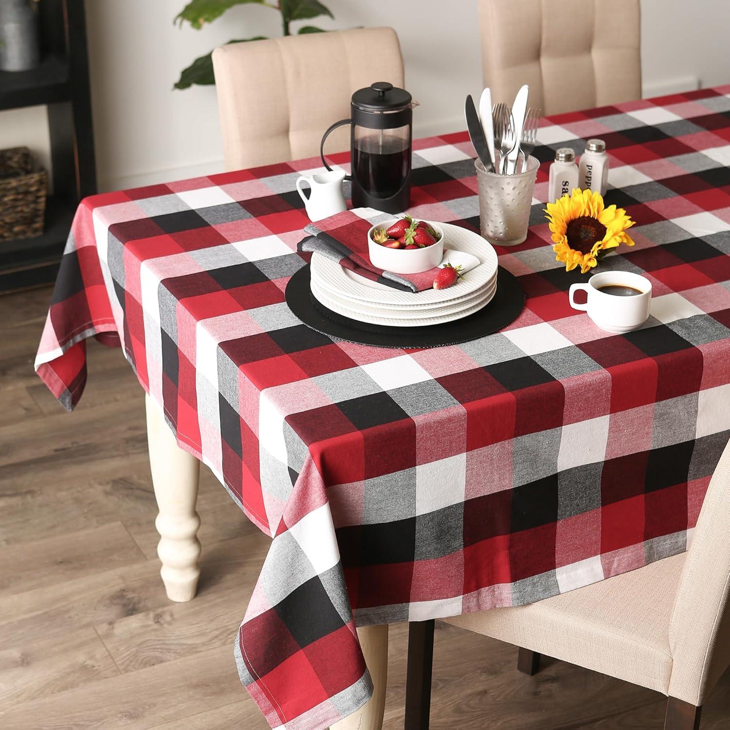 Cardinal Red and Black Checkered Cotton Square Tablecloth 52x52