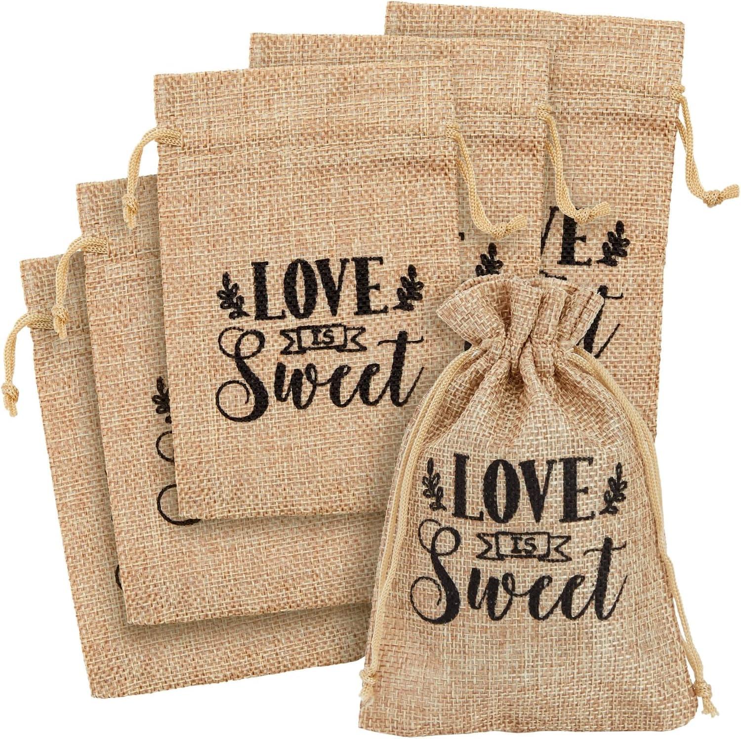 Sparkle and Bash 30 Pack Small Burlap Gift Bags with Drawstring for Wedding Party Favors, Jewelry, Love Is Sweet, 4 x 6 In