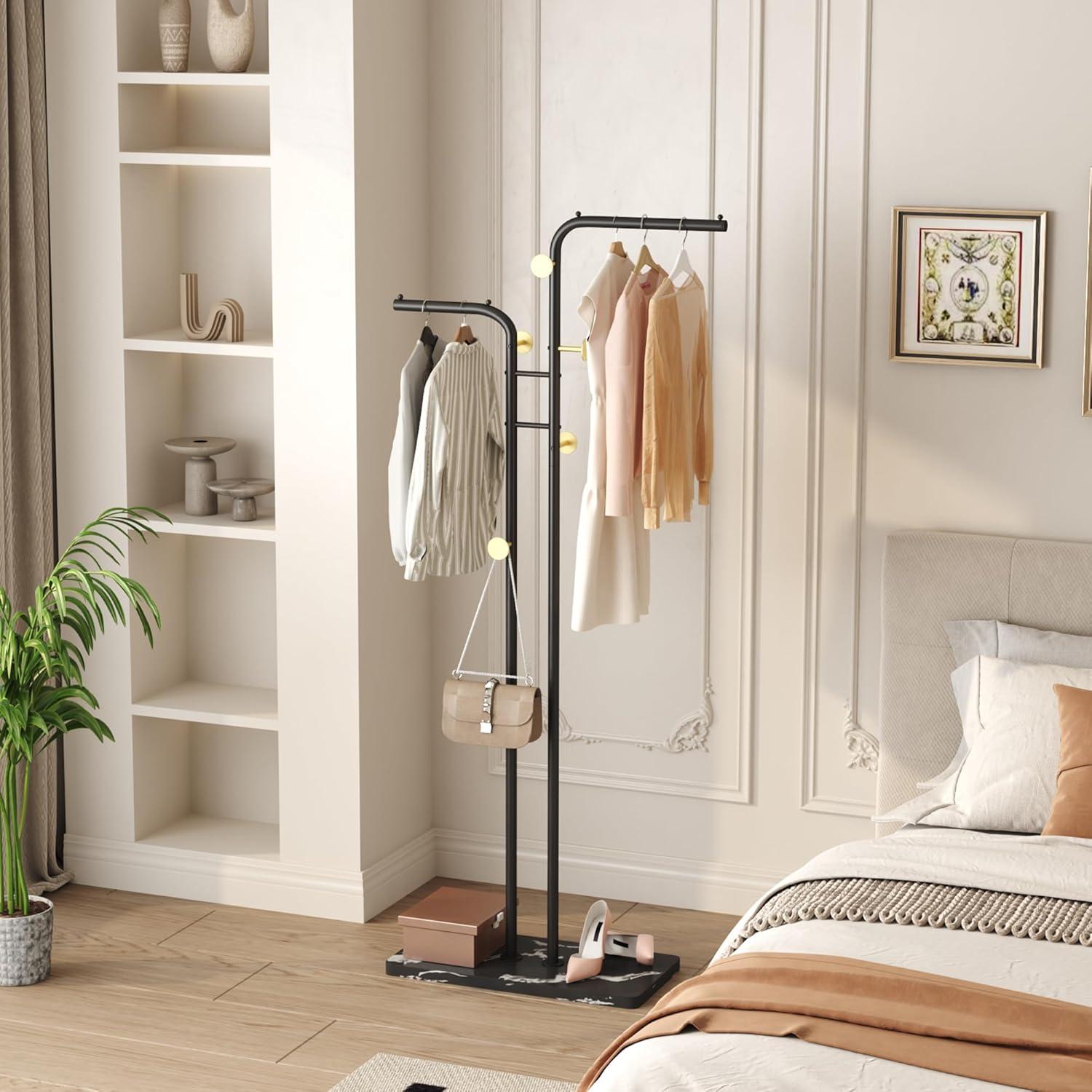 Coat Rack, Freestanding Metal Coat Racks, Double-pole Clothes Hat Stand with 5 Hooks for Closet, Bedroom, Entryway, Living Room