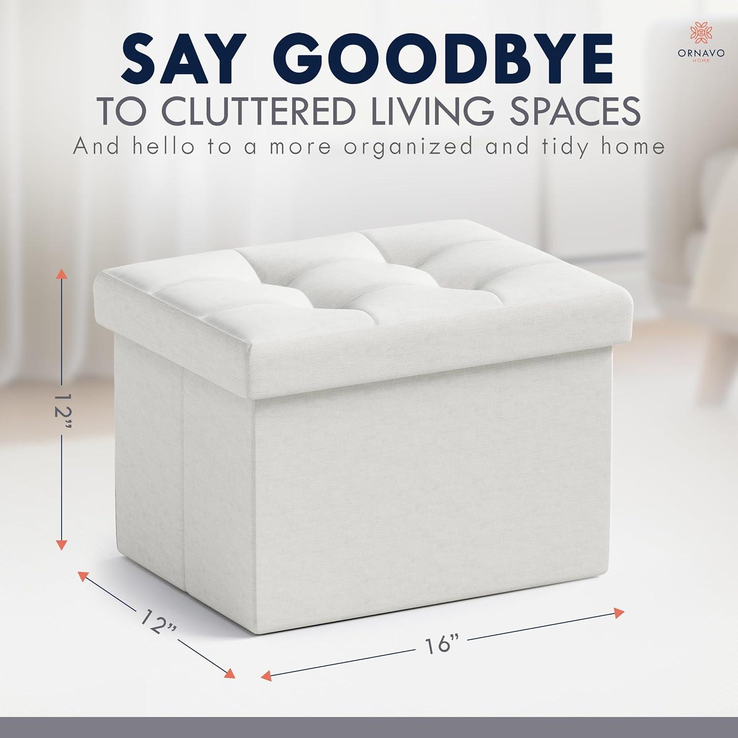 Small White Tufted Linen Foldable Storage Ottoman