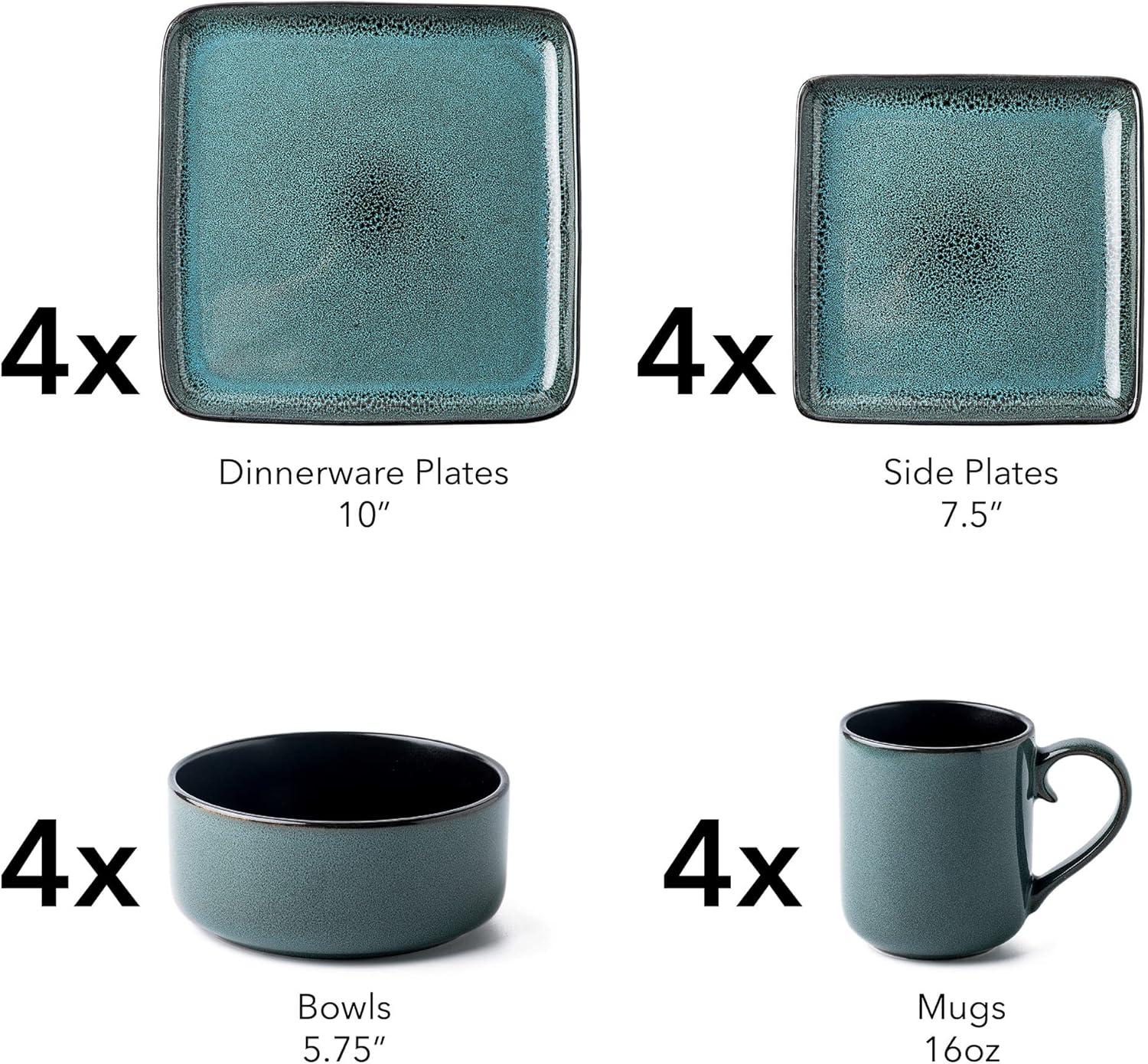 Flackar Turquoise Glossy Ceramic Square Dinnerware Set for 4