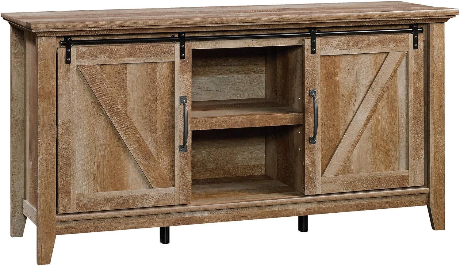 Dakota Pass TV Stand for TVs up to 70" Dark Brown - Sauder: Craftsman Oak Finish, Sliding Doors, Adjustable Storage