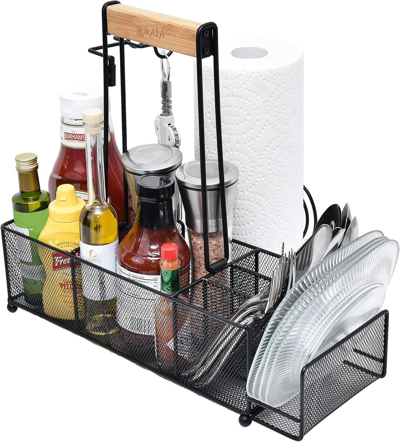 Black Metal and Wood Handle BBQ Grill Caddy with Paper Towel Holder