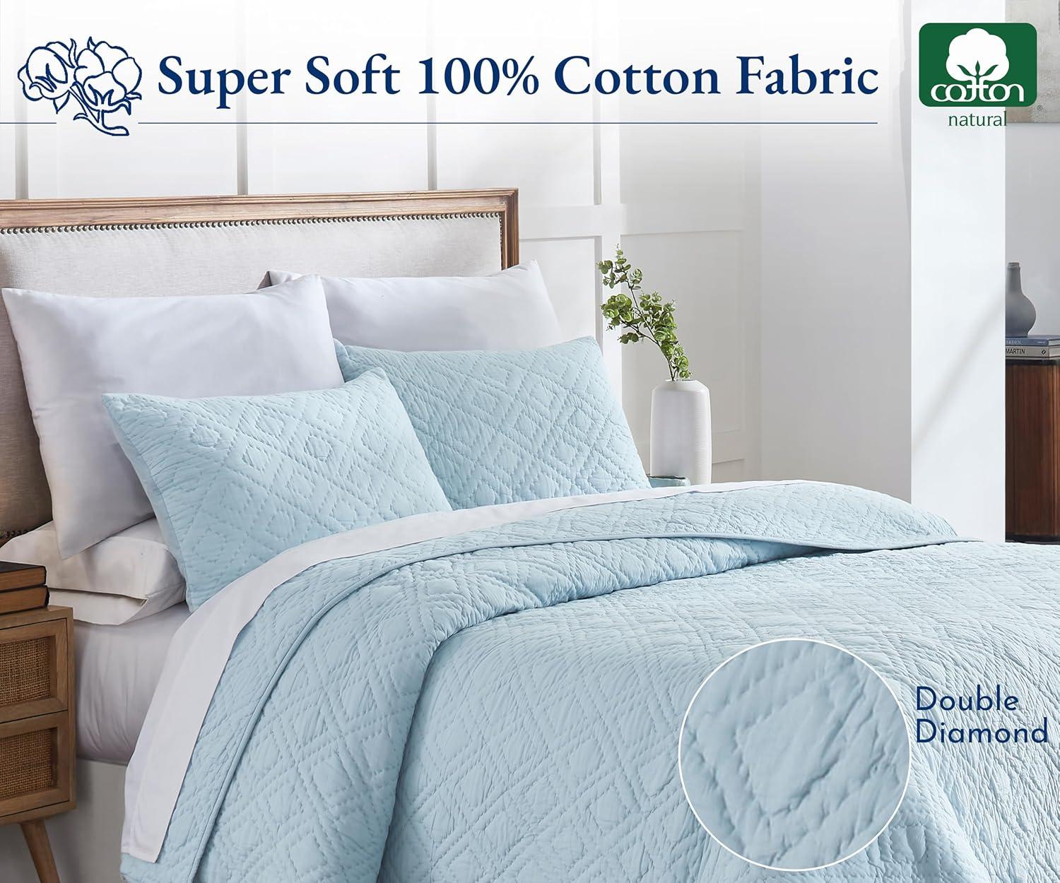 Luxury 100% Cotton Quilt Set, Hand-Quilted, Pre-Softened, Diamond Pattern by California Design Den - Creamy Ivory, King