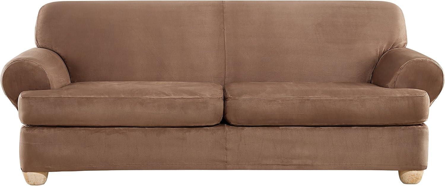 Heavyweight Stretch Faux Suede T-Cushion Sofa Slipcover in Luggage