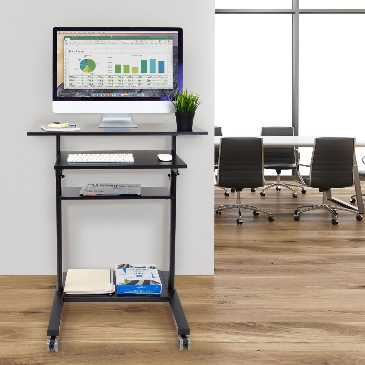 Mount-It! Height Adjustable Mobile Standing Desk with Retractable Keyboard Platform & Locking Wheels