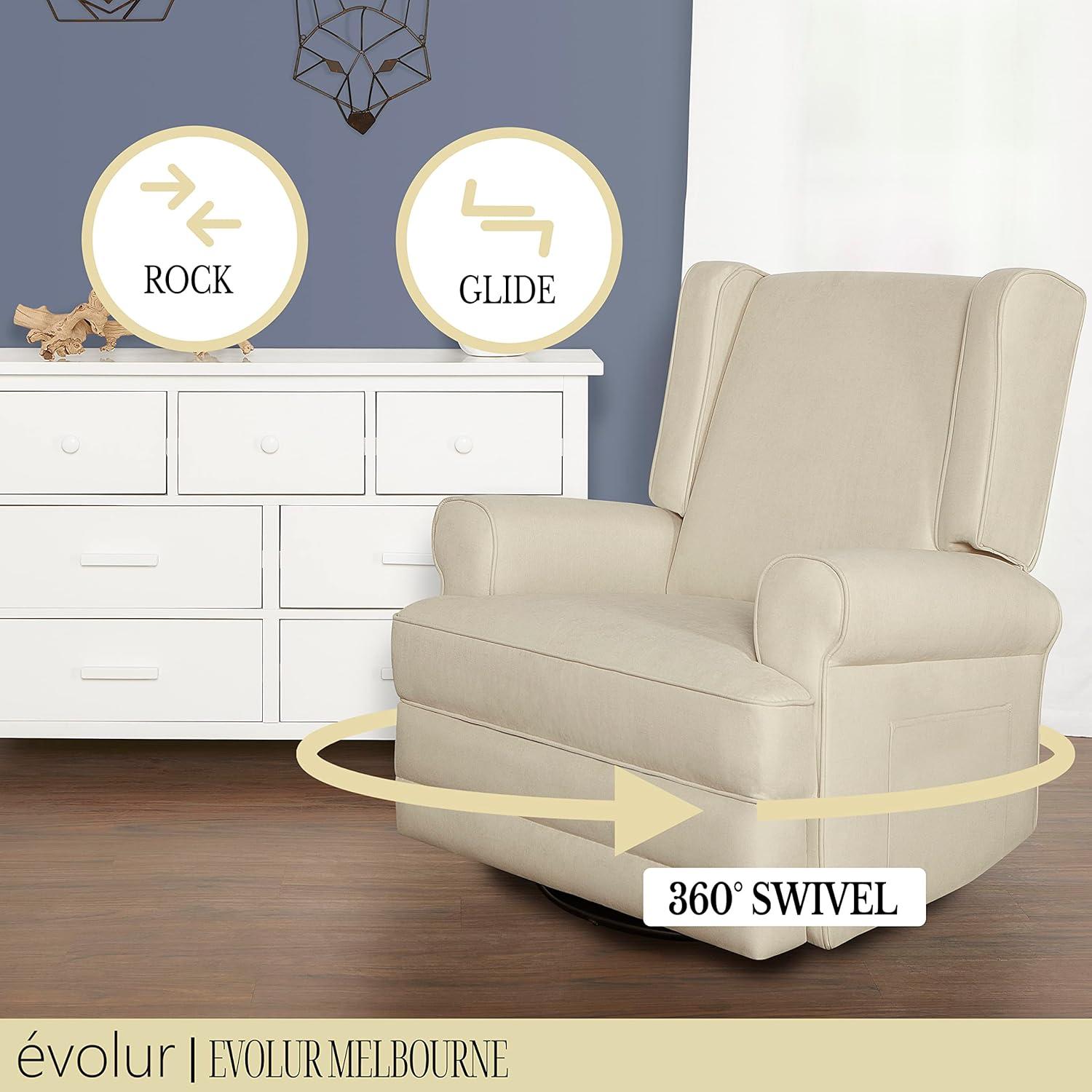 Evolur Melbourne Wing Back Swivel Glider I Nursery Glider I Durable Soft Fabric I Bonus Pillow In Iron