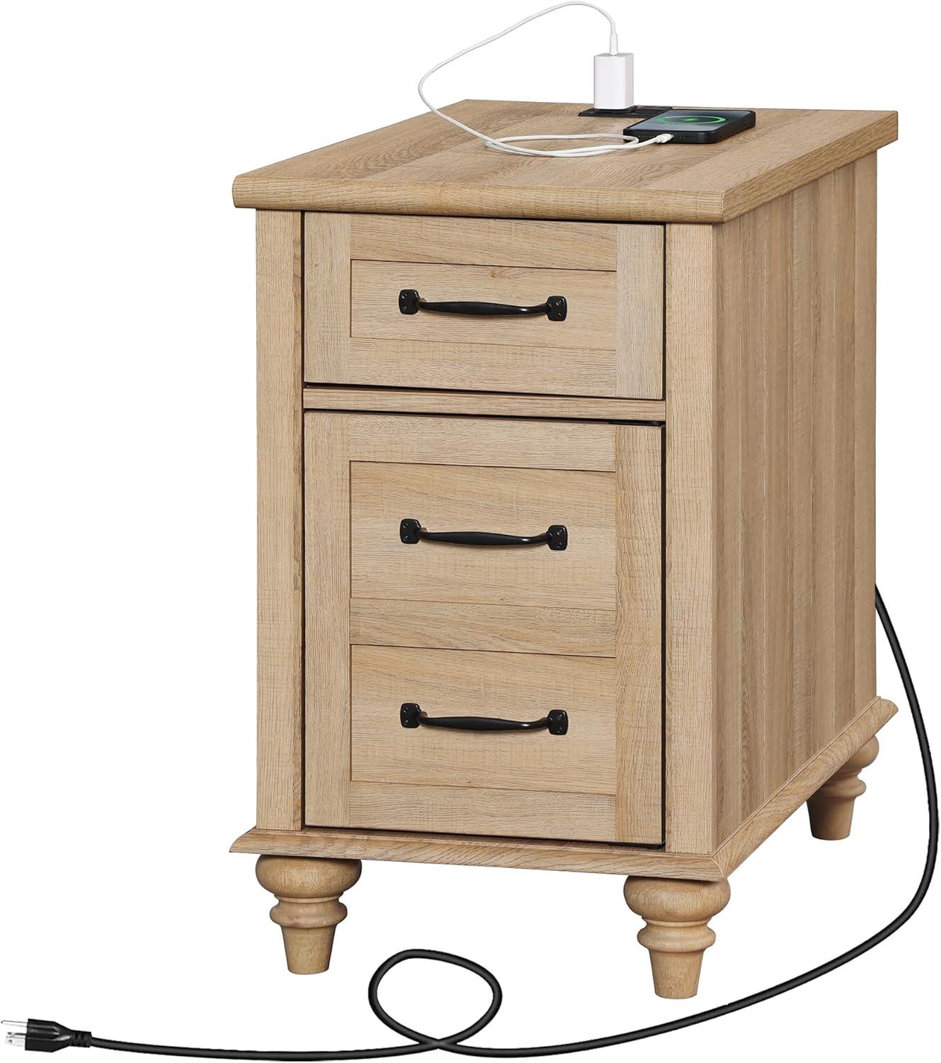 WAMPAT Farmhouse End Table with Charging Station, Light Wood Sofa Side Table with Storage Cabinet, Narrow Night Stand Bedside Table with Drawer for Living Room, Bedroom, Oak