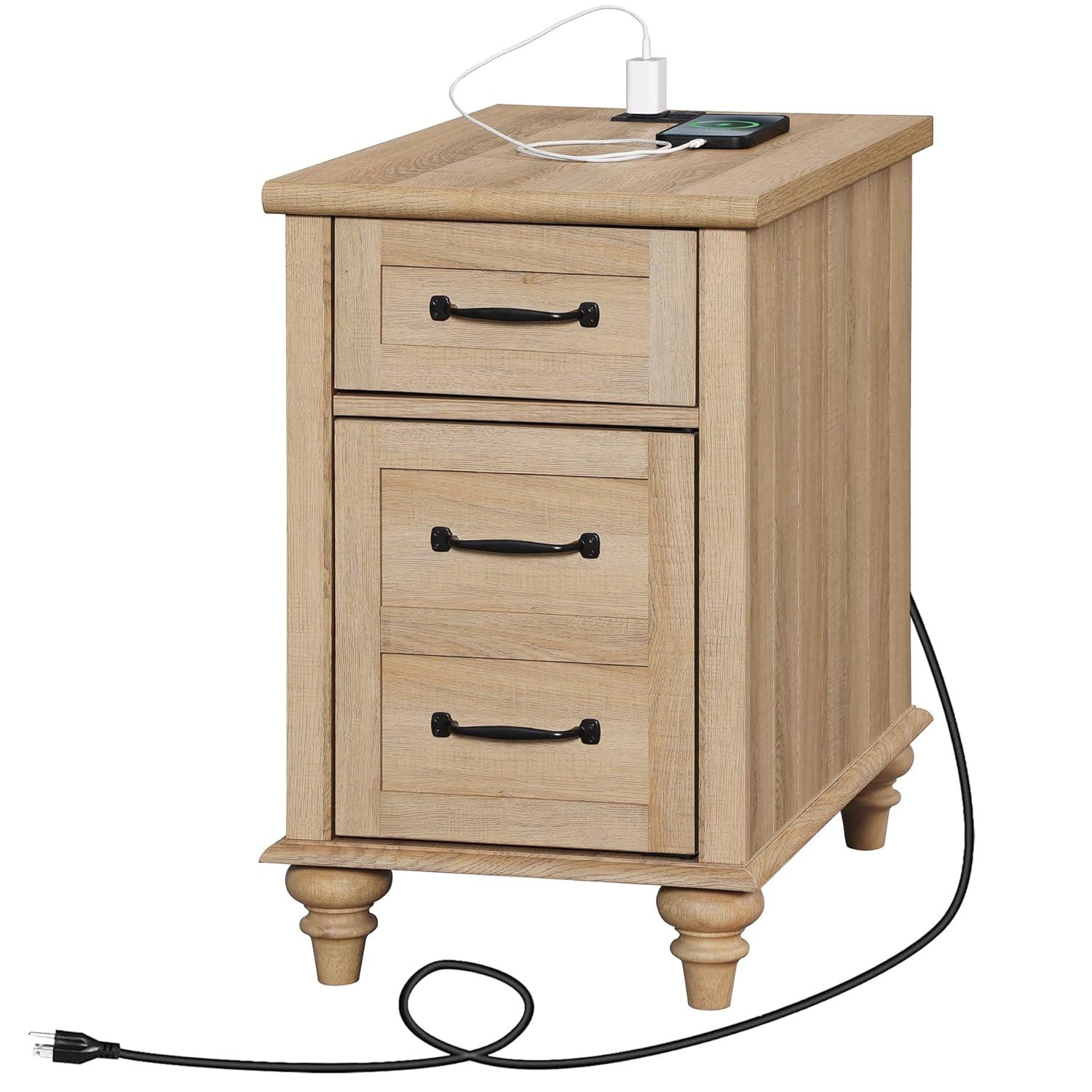 WAMPAT Farmhouse End Table with Charging Station, Light Wood Sofa Side Table with Storage Cabinet, Narrow Night Stand Bedside Table with Drawer for Living Room, Bedroom, Oak