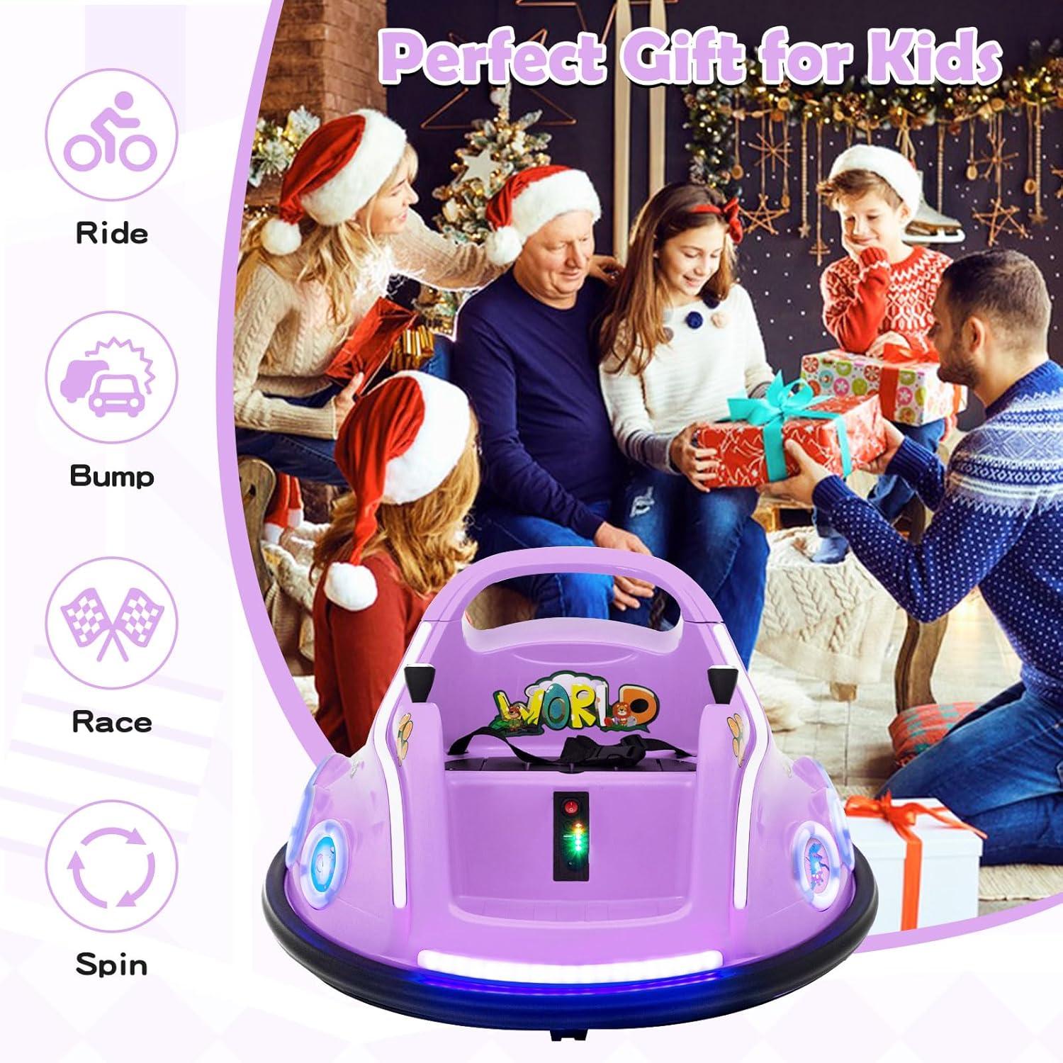 Costway 12V Kids Ride on Bumper Car Remote Control w/ Flashing LED Light & Music Purple