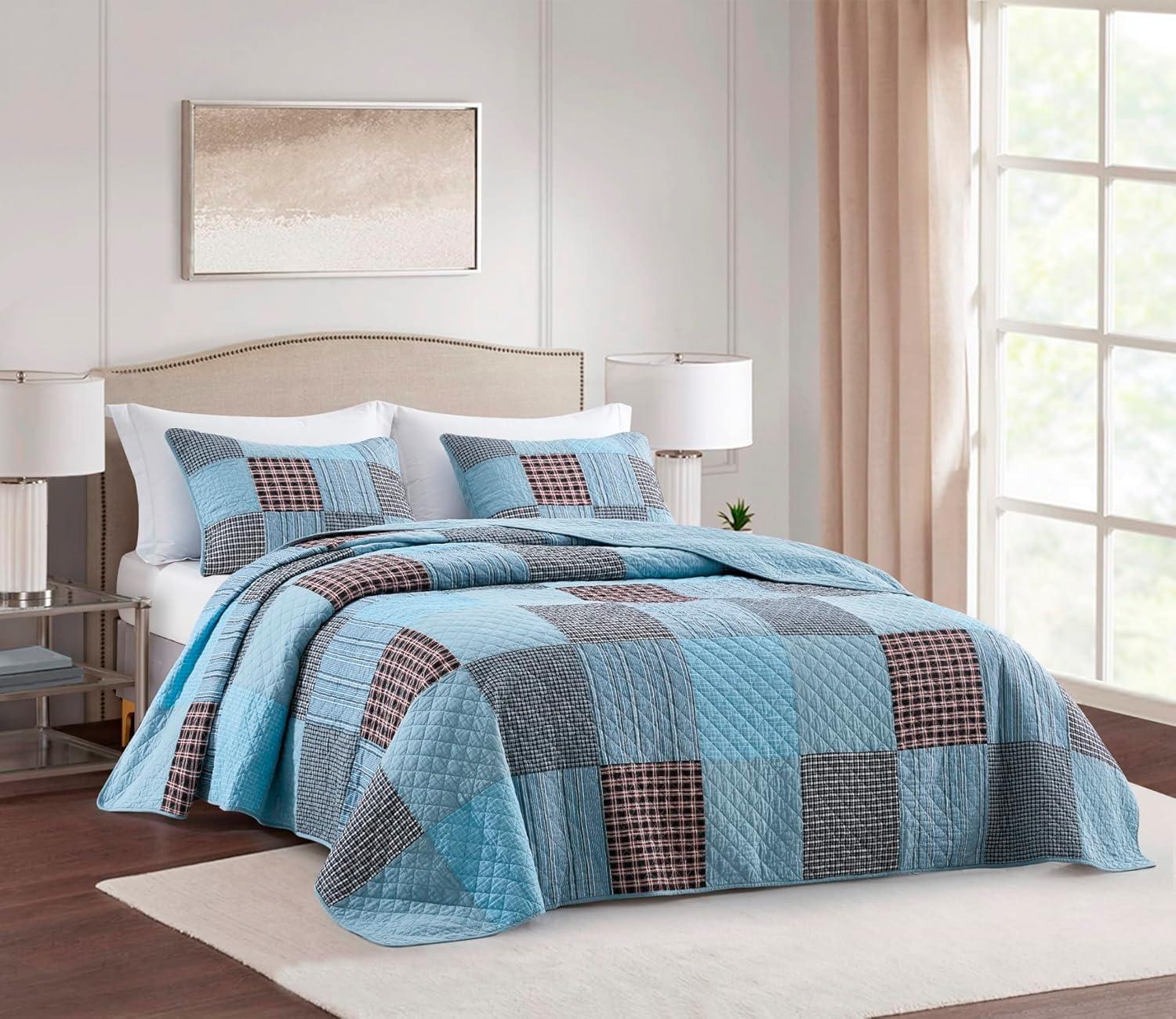 Blue Cotton Queen Reversible Patchwork Quilt Set