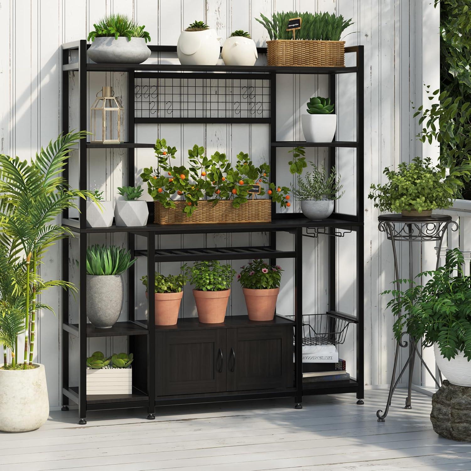 Ataucjin 55" 5-Tier Bakers Rack With Power Outlet And LED Light Kitchen Microwave Stand Farmhouse Coffee Bar Cabinet With Storage Shelf 10 Hooks Wire Basket Wine Rack For Spices Pots Pans