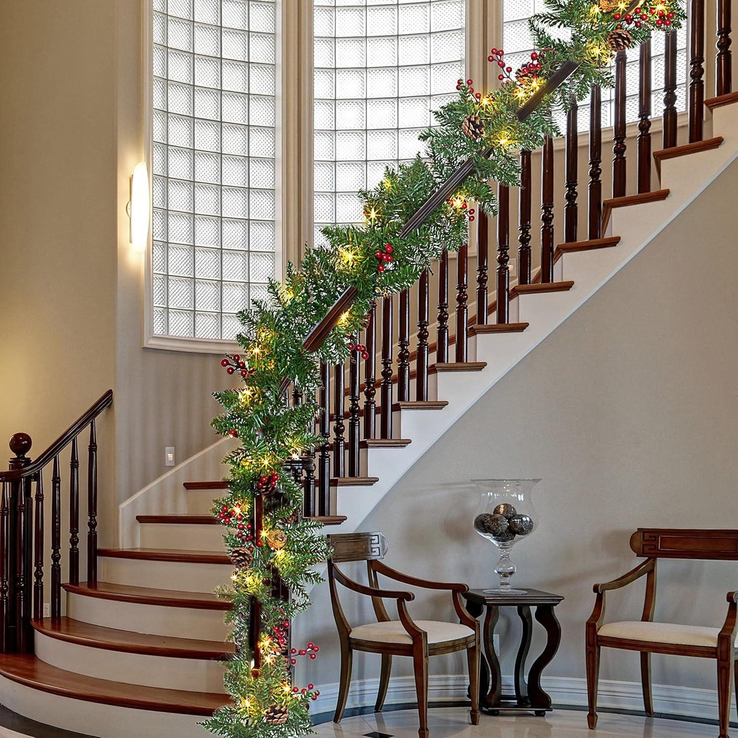 9-Foot Pine Needle Christmas Garland with LED Lights and Pine Cones