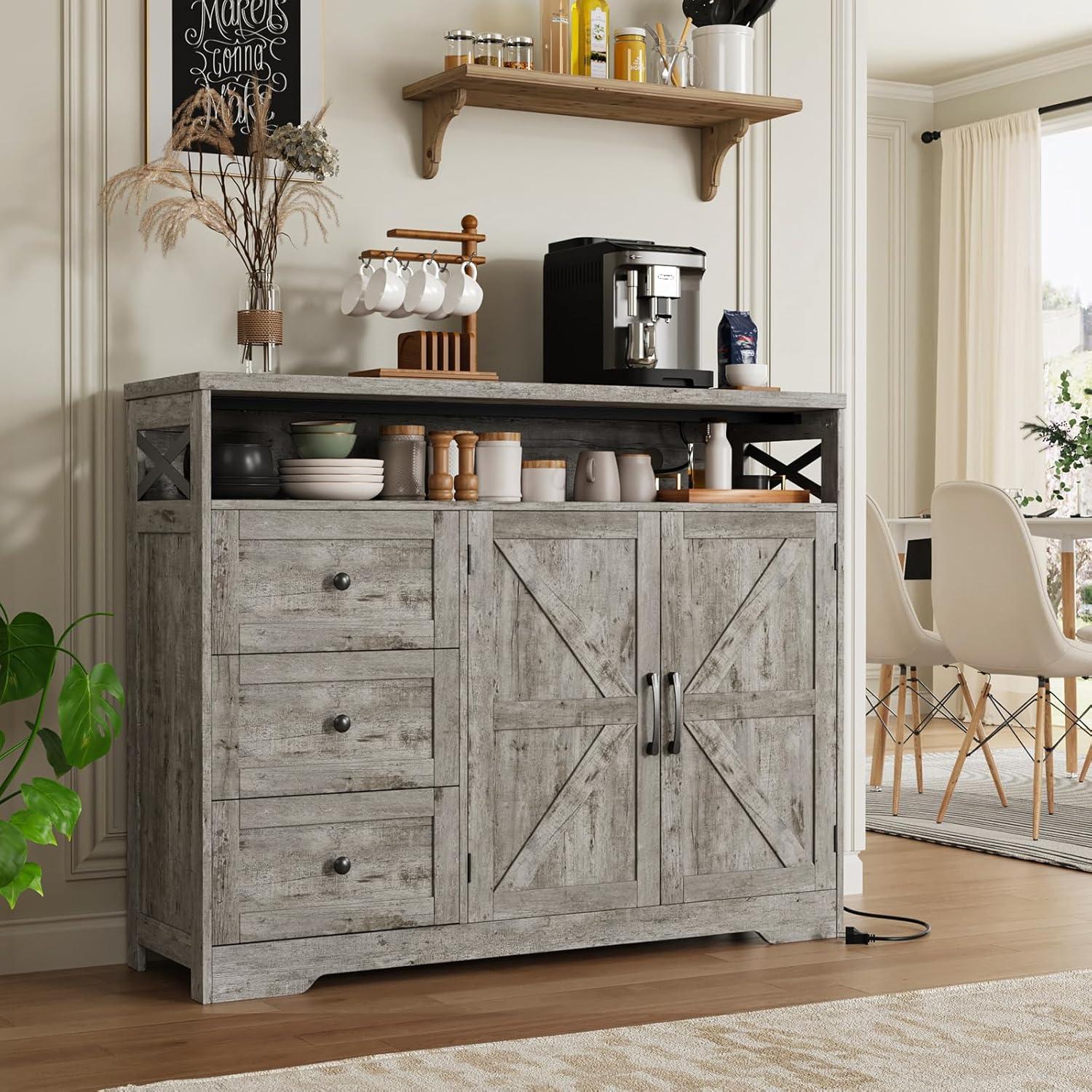 47" Distressed Grey Farmhouse Storage Cabinet with Doors & Drawers, Sideboard Buffet Cabinet with Storage, Kitchen Pantry Hutch, Coffee Bar Station Table for Kitchen, Living Room, Dining Room