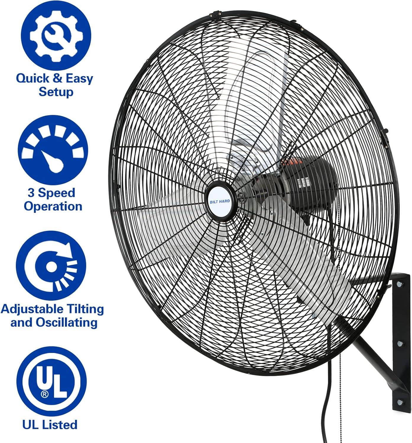 BILT HARD 18" Industrial Wall Mount Fan, 3-Speeds High Velocity Wall Fan with Sealed Motor, 4300 CFM Heavy Duty Metal Barn Fans