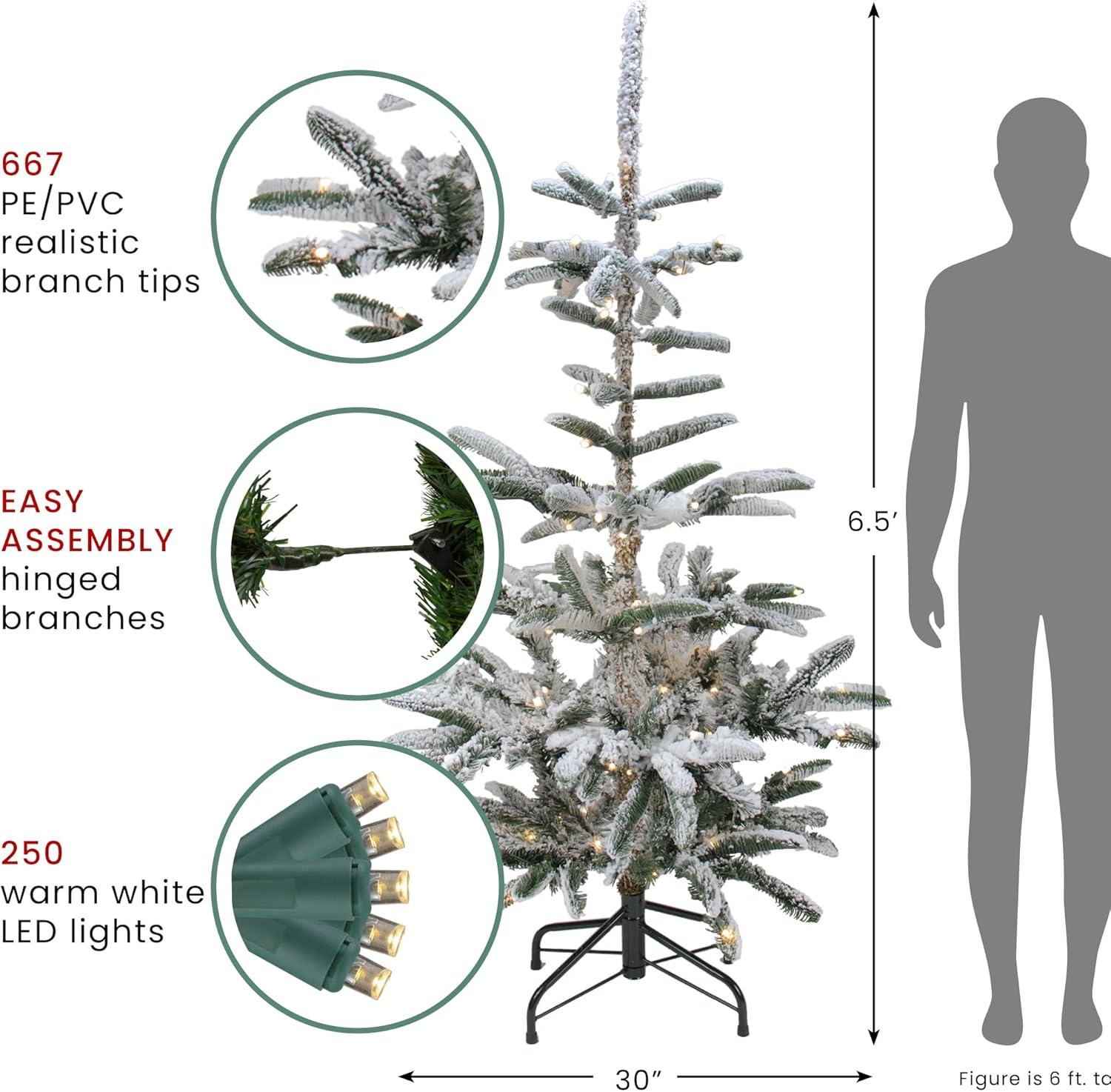 Northlight Real Touch™️ Pre-Lit Slim Flocked Nordmann Fir Artificial Christmas Tree - 6.5' - Warm Clear LED Lights