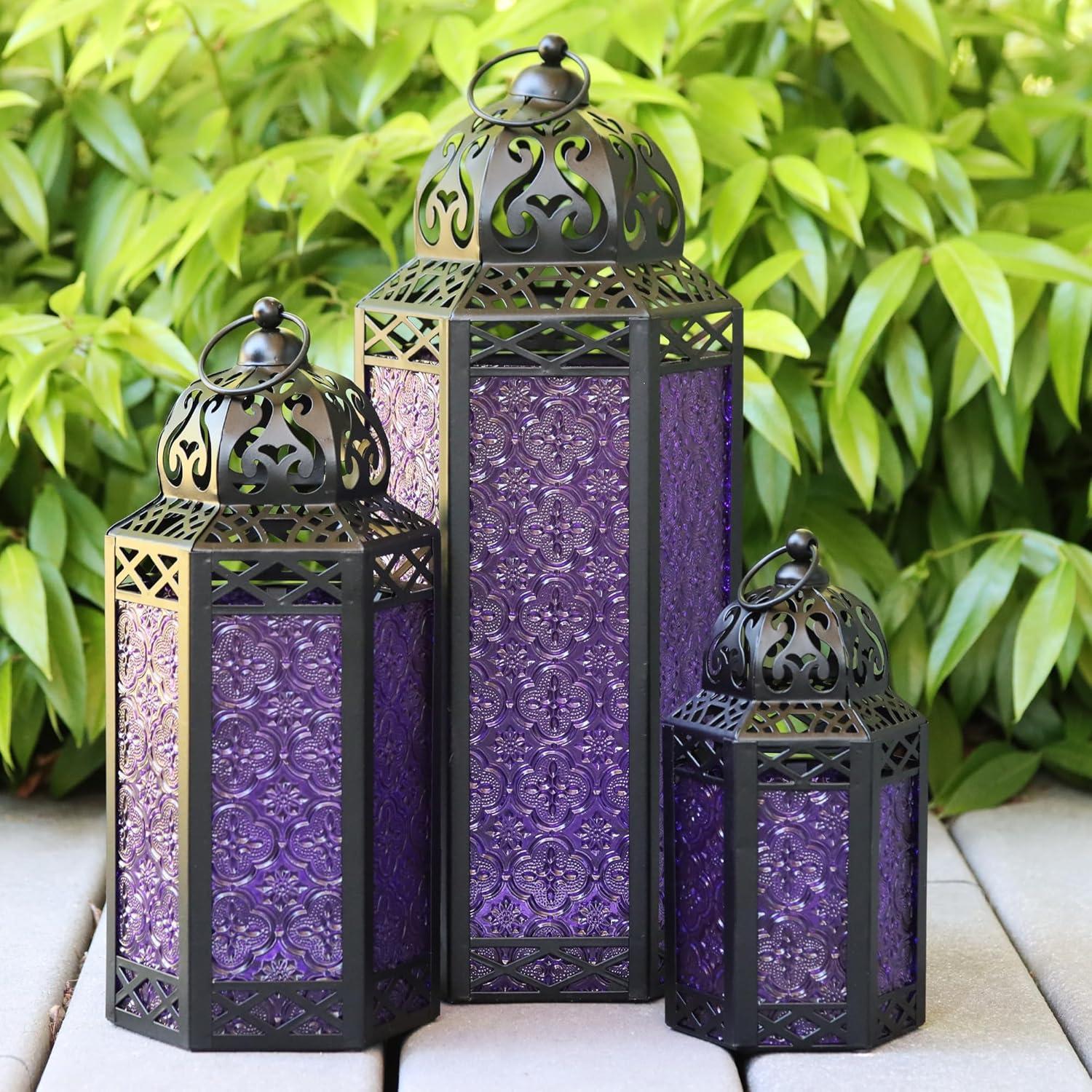 VELA LANTERNS 10.5" Moroccan Lamp Lantern Decorative Candle Holder for Indoor Outdoor Home Decor, Patio, Weddings, Ramadan Decorations, Black Metal, Purple Glass, Medium, Set of 3