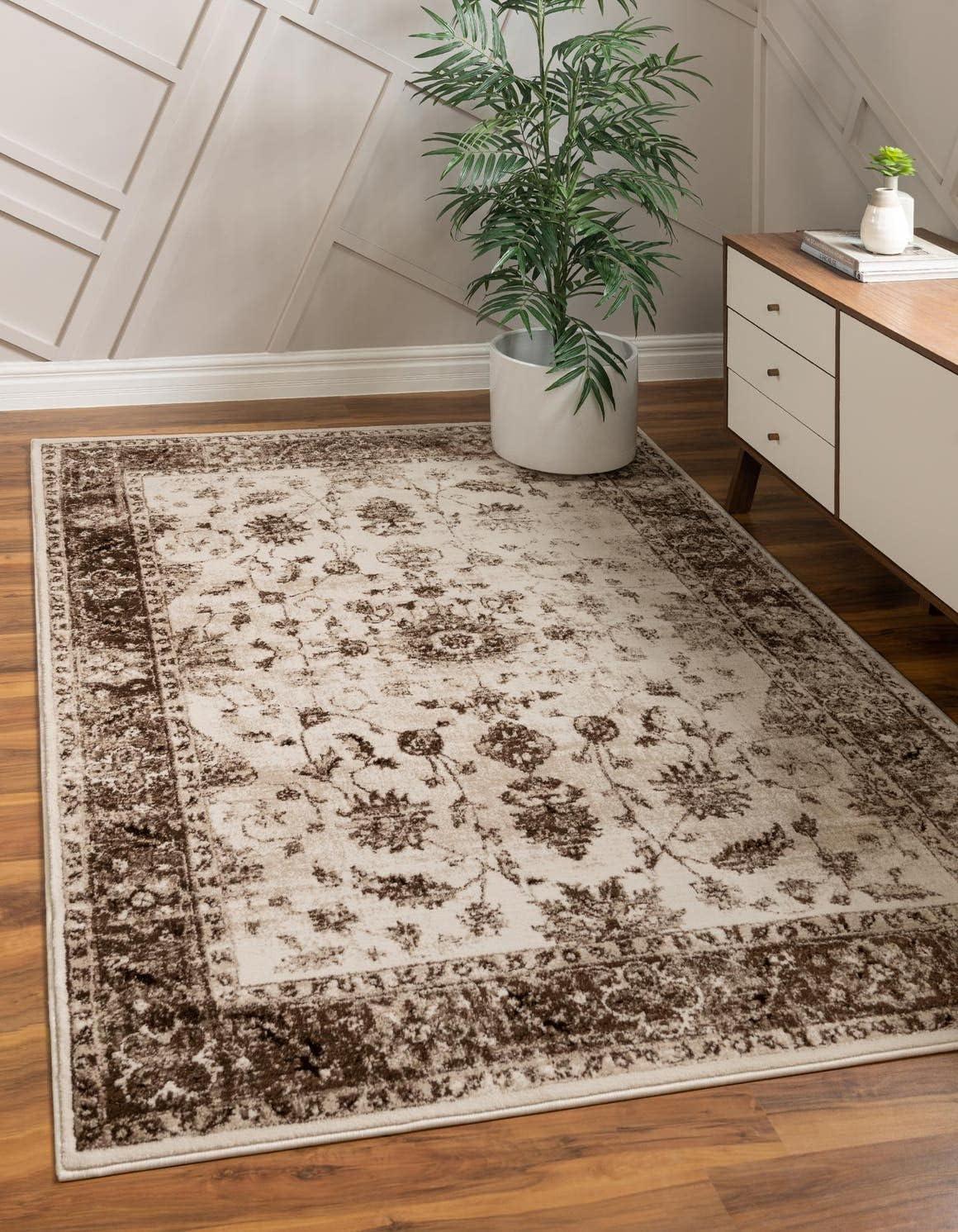 Ivory and Brown Floral Hand-knotted Synthetic 9' x 12' Rug