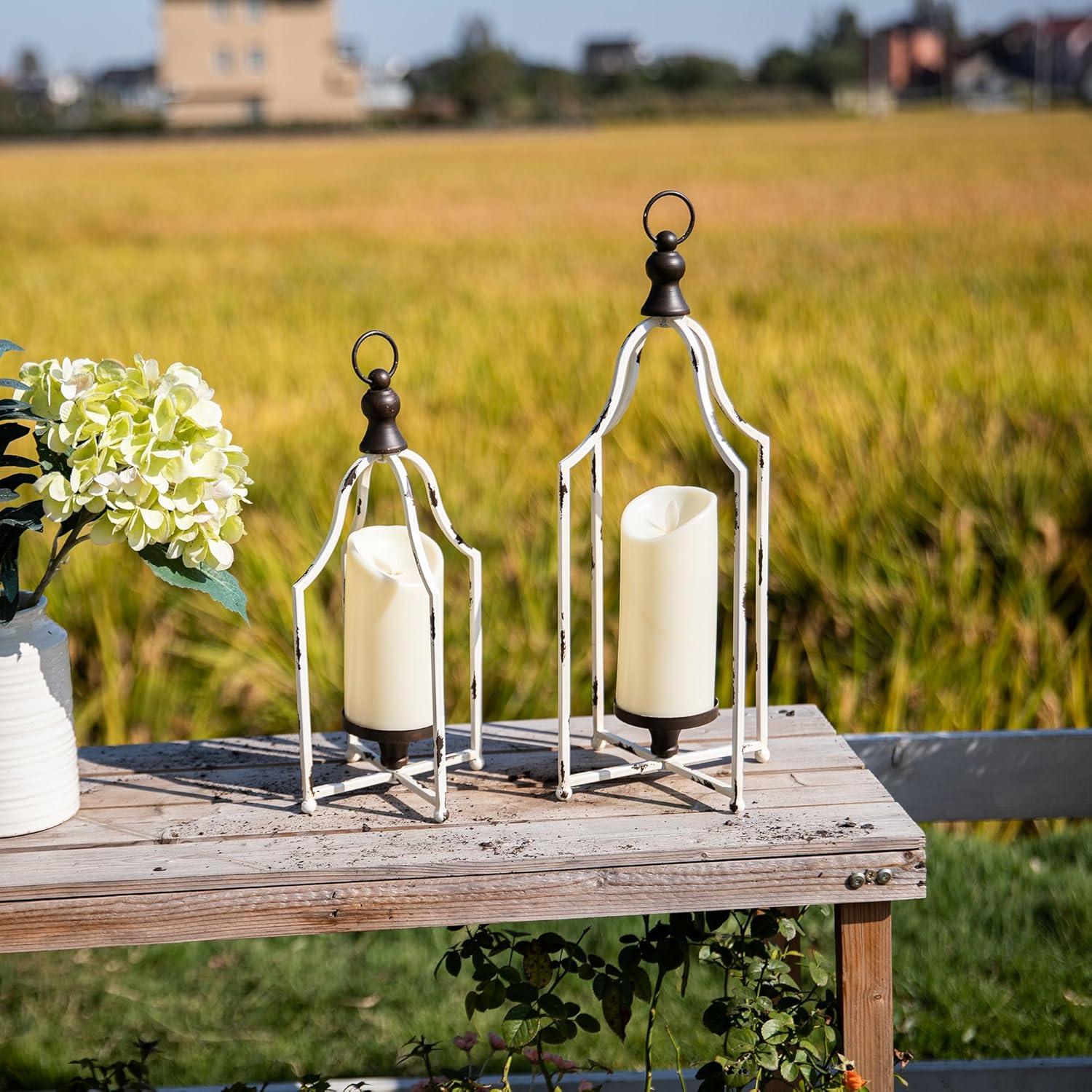 HPC Decor Lanterns Decorative for Home Decor- 16.5''13'' White Metal Candle Lanterns Set of 2- Modern Farmhouse Lantern Decor for Outdoor, Indoor, Living Room, Dining Table or Fireplace Mantle Decor