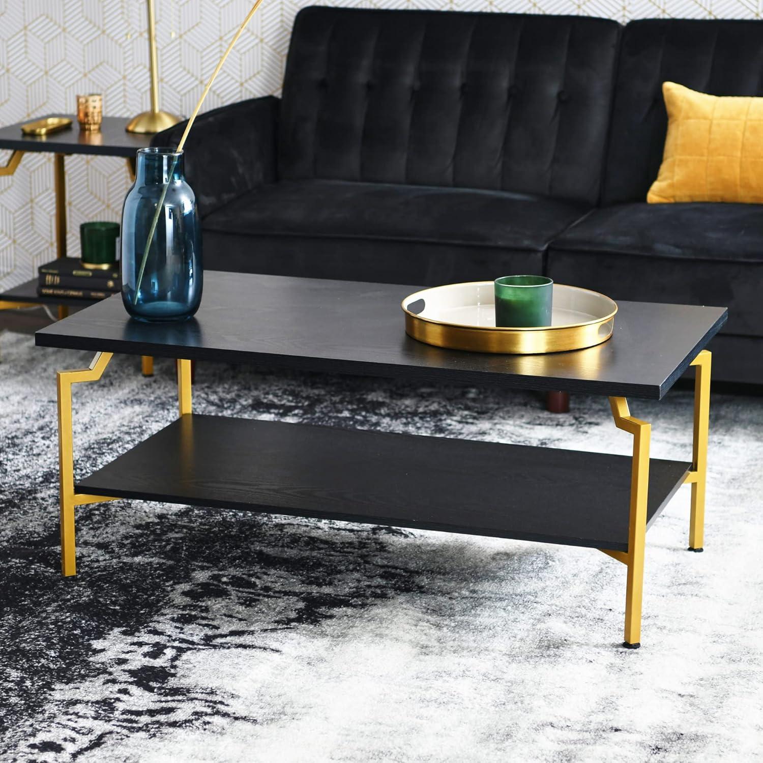 Household Essentials Crown TV Stand with Storage Compartment Black Oak Wood Grain and Gold Metal