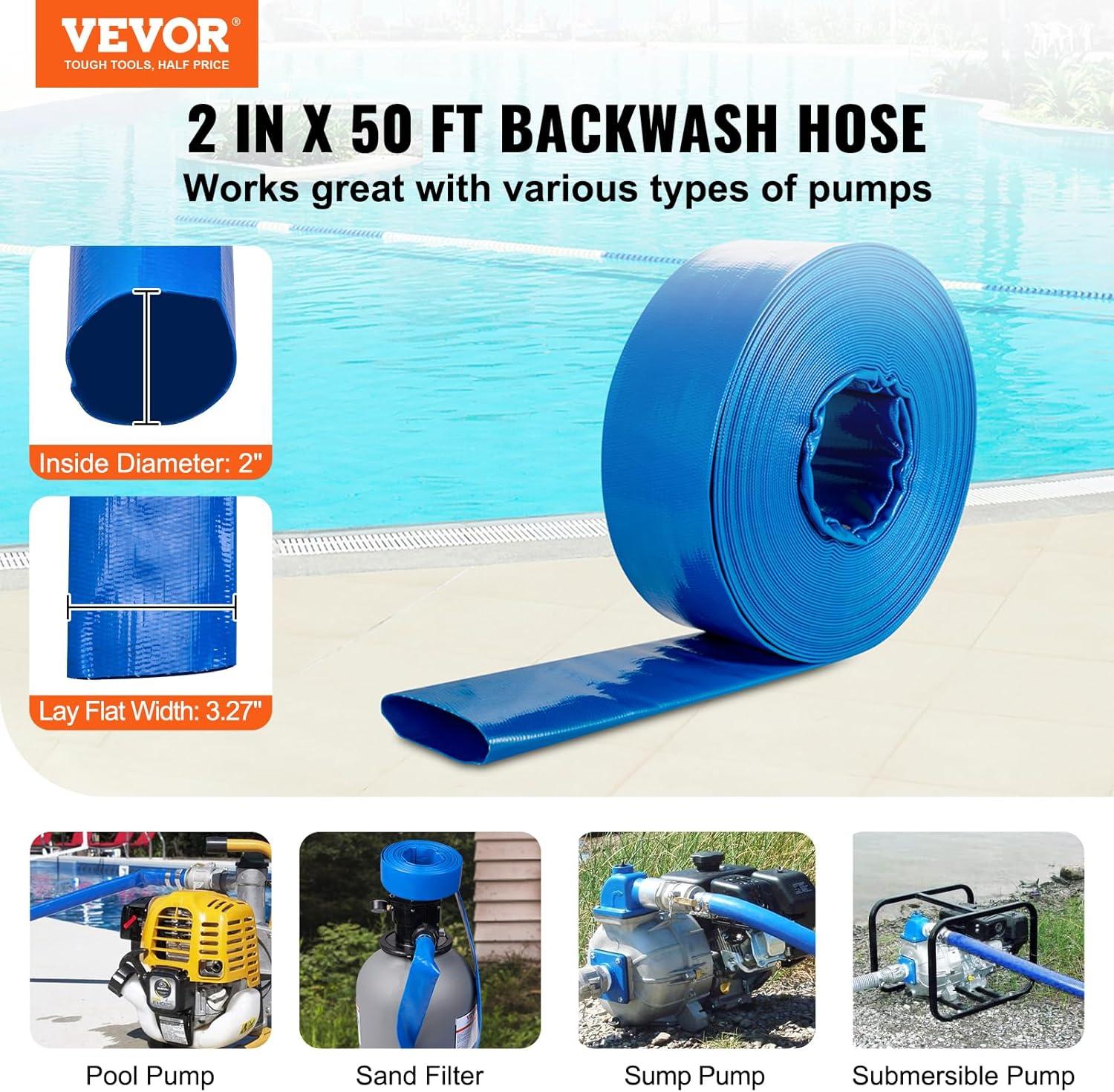 VEVOR Backwash Hose 2 in x 50 ft PVC with Aluminum Camlock C & E Fittings  Clamps for Pumps Sand Filters Pools Drain Blue PVC - Clamps