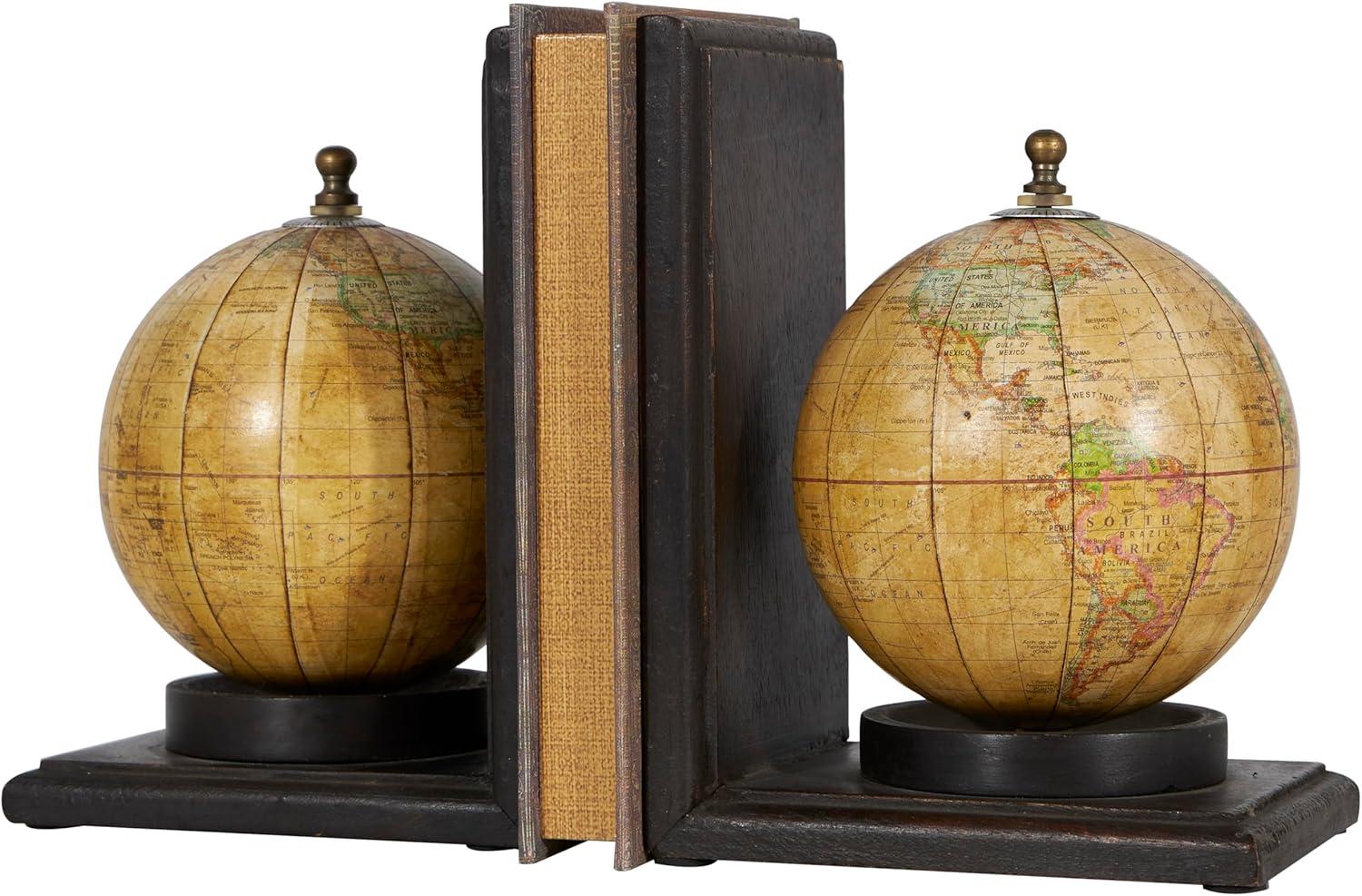 Elegant Sepia Globe Wooden Bookends with Metallic Accents, Set of 2