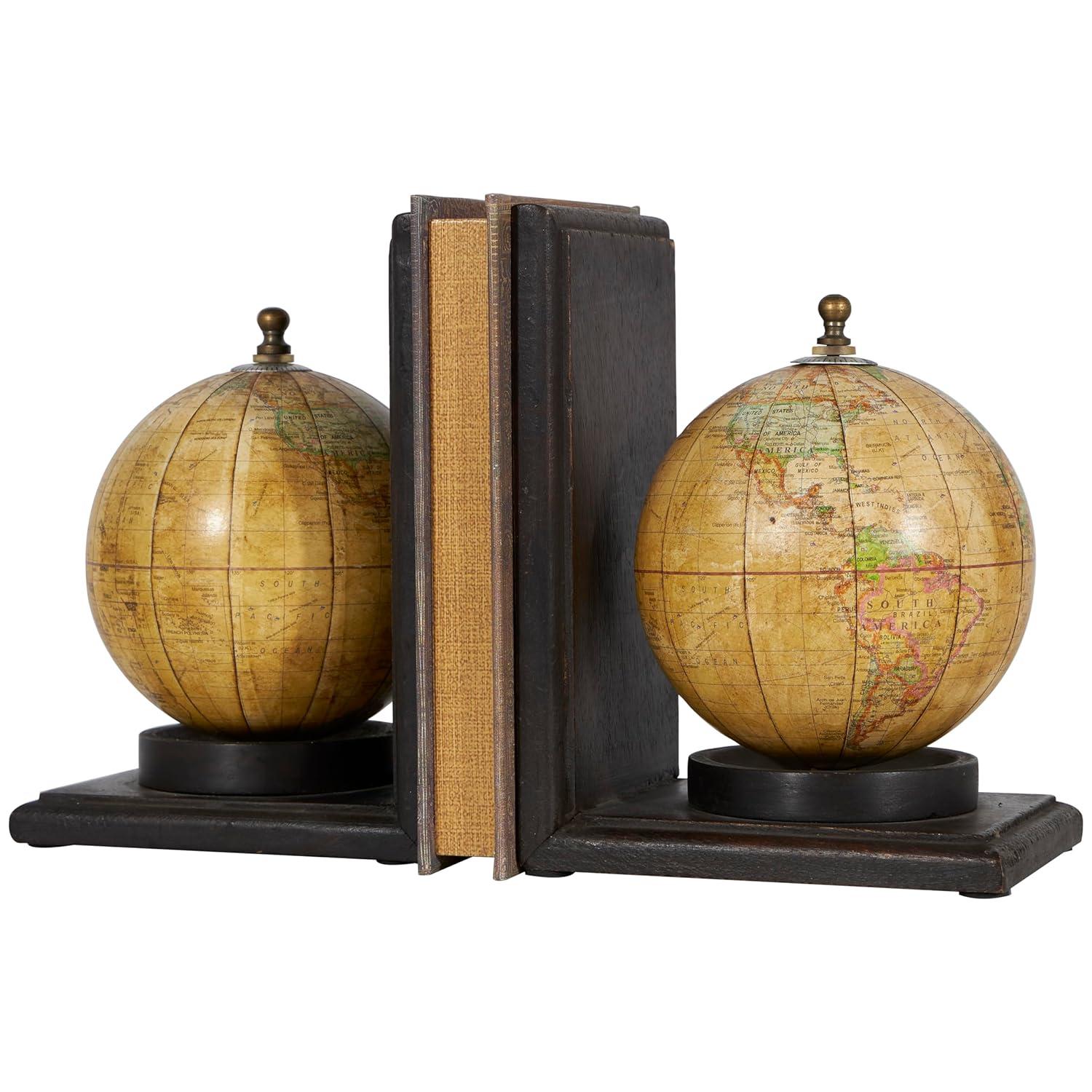 DecMode 6" Globe World Map Brown Wood Bookends (Set of 2)
