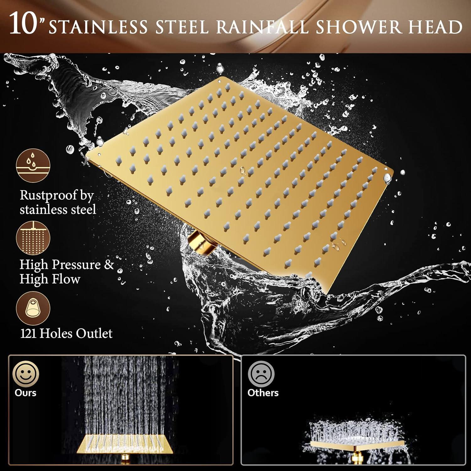 Shower Head, 10" High Pressure Rain shower head with Handheld Spray Combo, 6 Settings Handheld with 78" Anti-leak Hose, 11" Adjustable Extension Arm, Ultra Thin Water Saving, Gold, AWAXFOLO