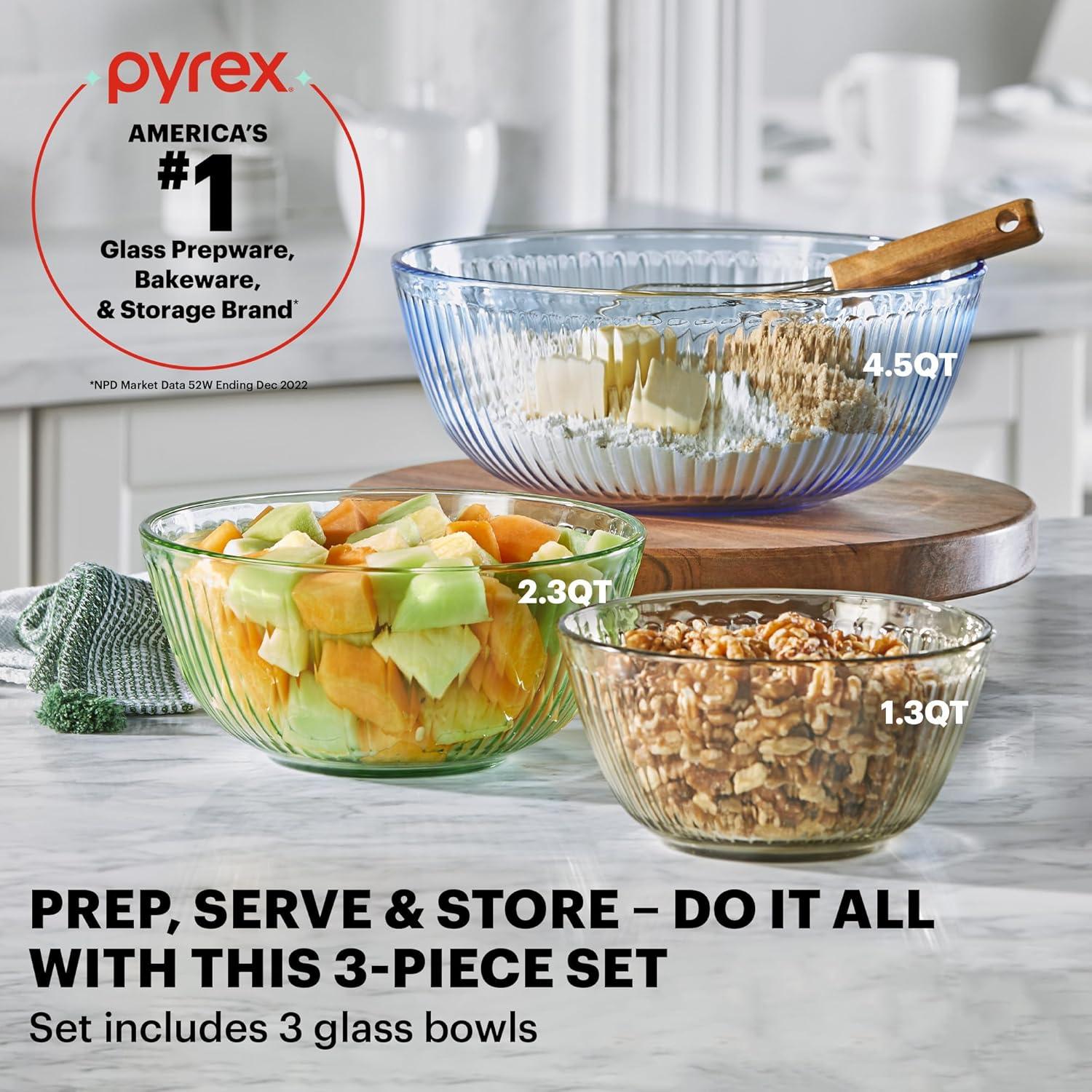 Pyrex Colors (3-Pack, Full Set) Sculpted Tinted Glass Mixing Bowls With Lids, Nesting Space Saving Set of Bowls For Prepping and Baking, 1.3QT, 2.3QT & 4.5Q