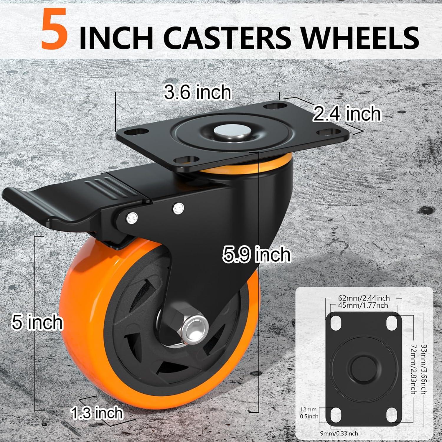 5-Inch Orange Polyurethane Heavy-Duty Swivel Caster Wheels with Brake, Set of 4