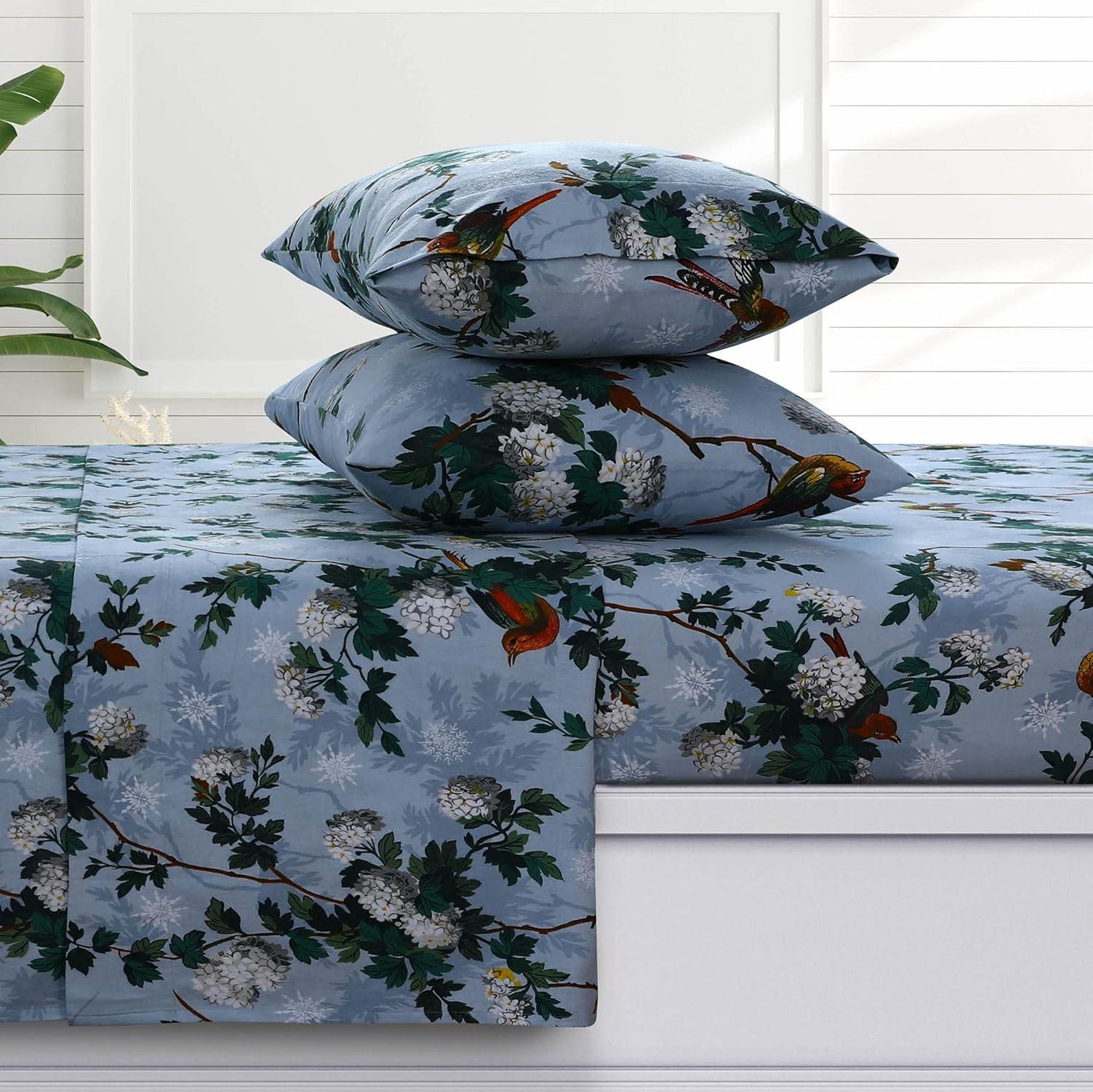 Celina Blue Floral Cotton Flannel King Sheet Set