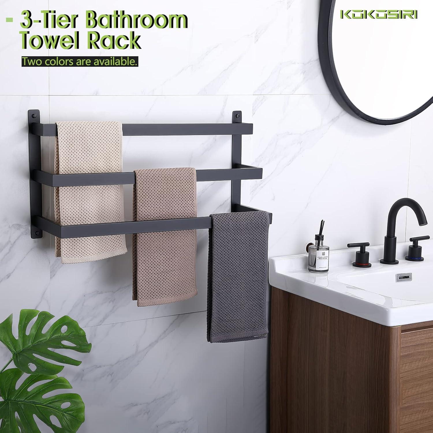 KOKOSIRI Bath Towel Bars Matte Black Bathroom 3-Tiers Ladder Towel Rails Wall Mounted Towels Shelves Rack Stainless Steel B5002BK-L24