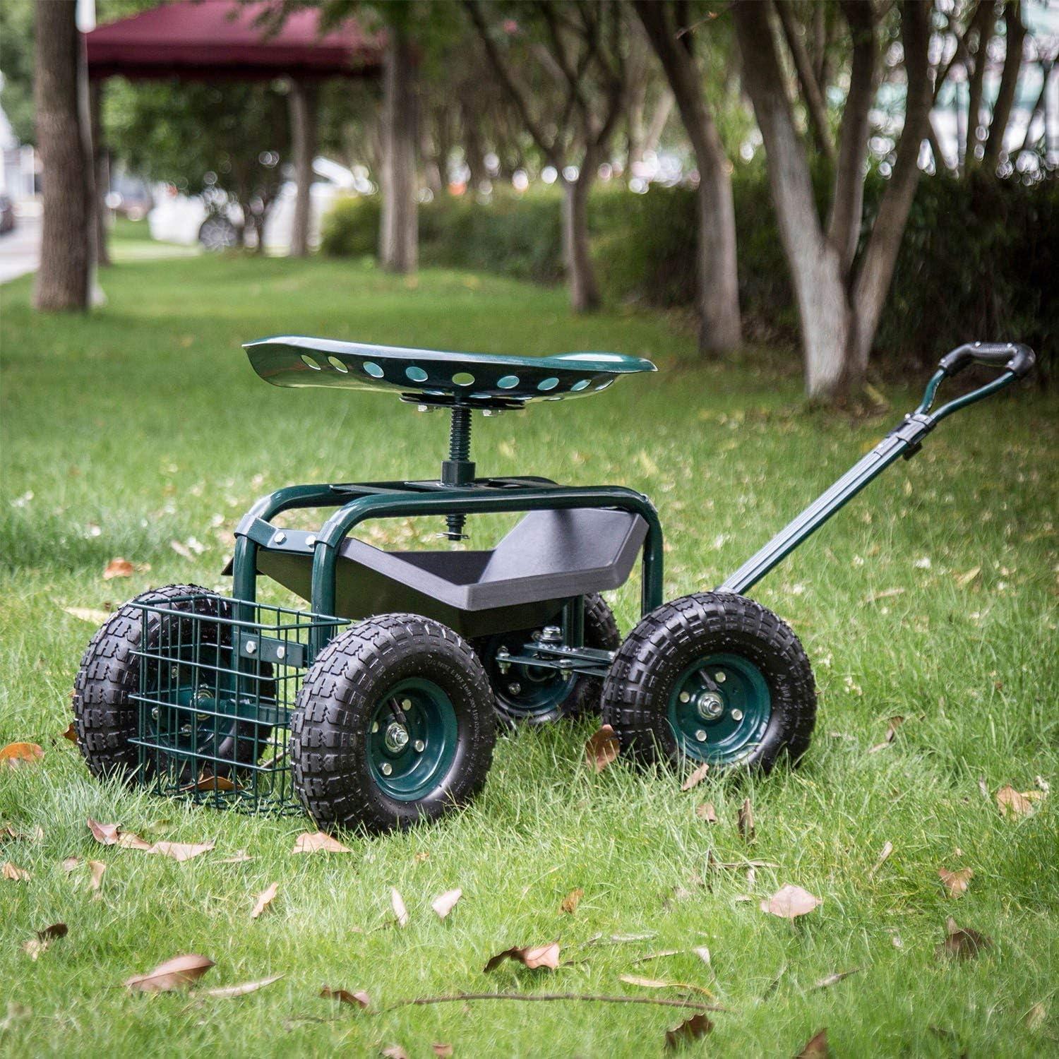 Green Heavy-Duty Steel Rolling Garden Cart with Tool Tray