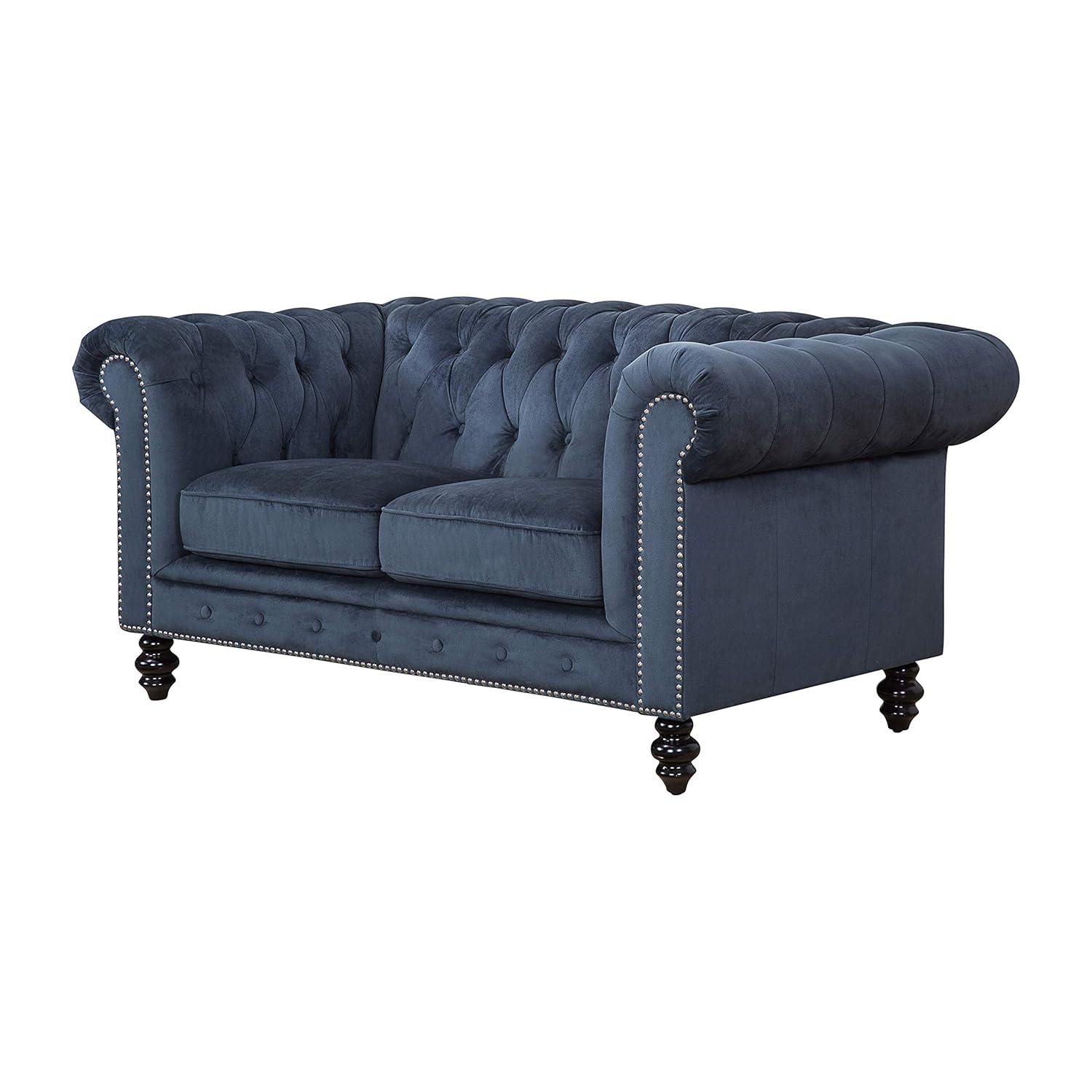 Elegant Navy Blue Velvet Chesterfield Loveseat with Silver Nailhead Accents