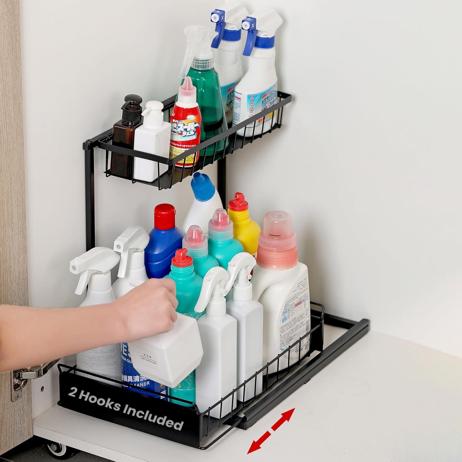 Under Sink Organizers and Storage, 2 Tier, L Shaped, Pull out sliding, Adjustable Under Sink Organizer for Kitchen Bathroom Cabinet Counter Organizer with Non-Slip Feet undersink organizer (BLACK)