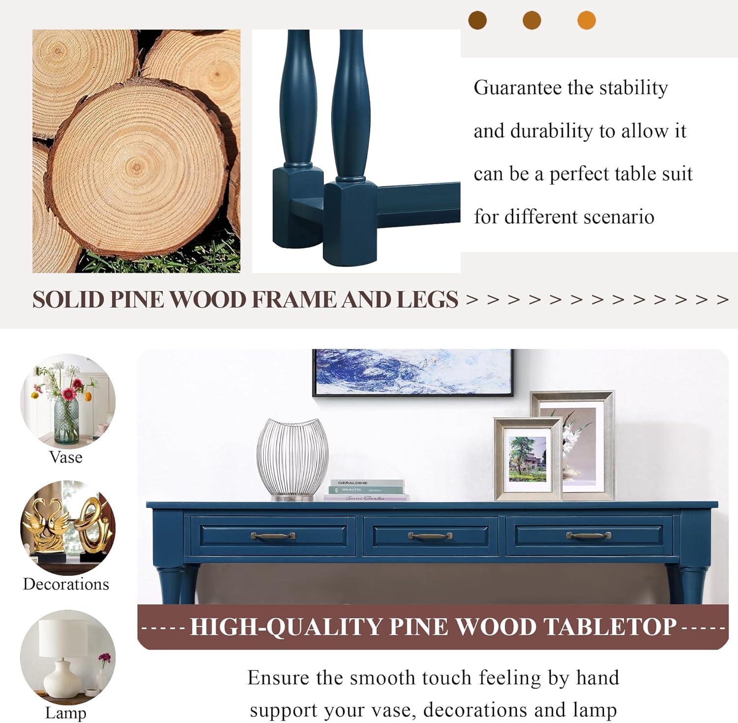 LKTART Solid Wood Console Table for Entryway,Long Sofa Table with 3 Drawers for Hallway,Foyer,Entry,Easy Assembled (63" Navy Blue)