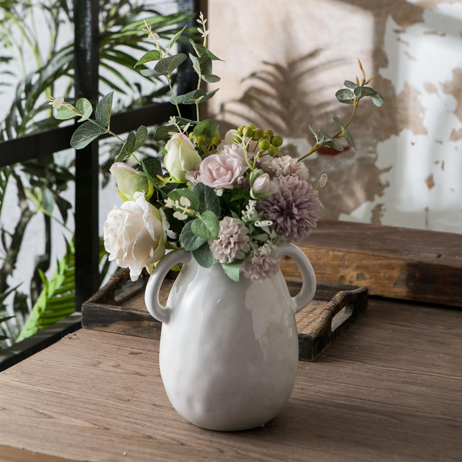 Grey Ceramic Vase with 2 Handles, Modern Farmhouse Vase for Home Decor, Rustic Terracotta Vase, Decorative Pottery Flower Vase, Clay Samll Vase, Centerpieces for Dining Table - 7 Inch Tall