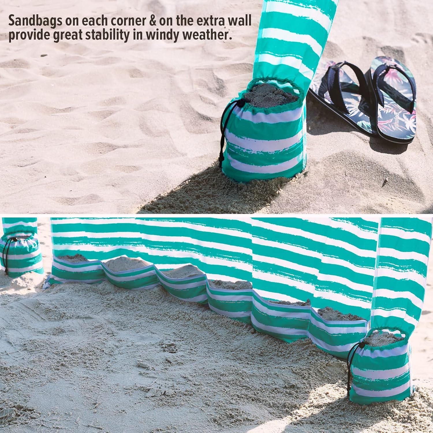 Portable Green and White Striped Beach Cabana with Metal Frame