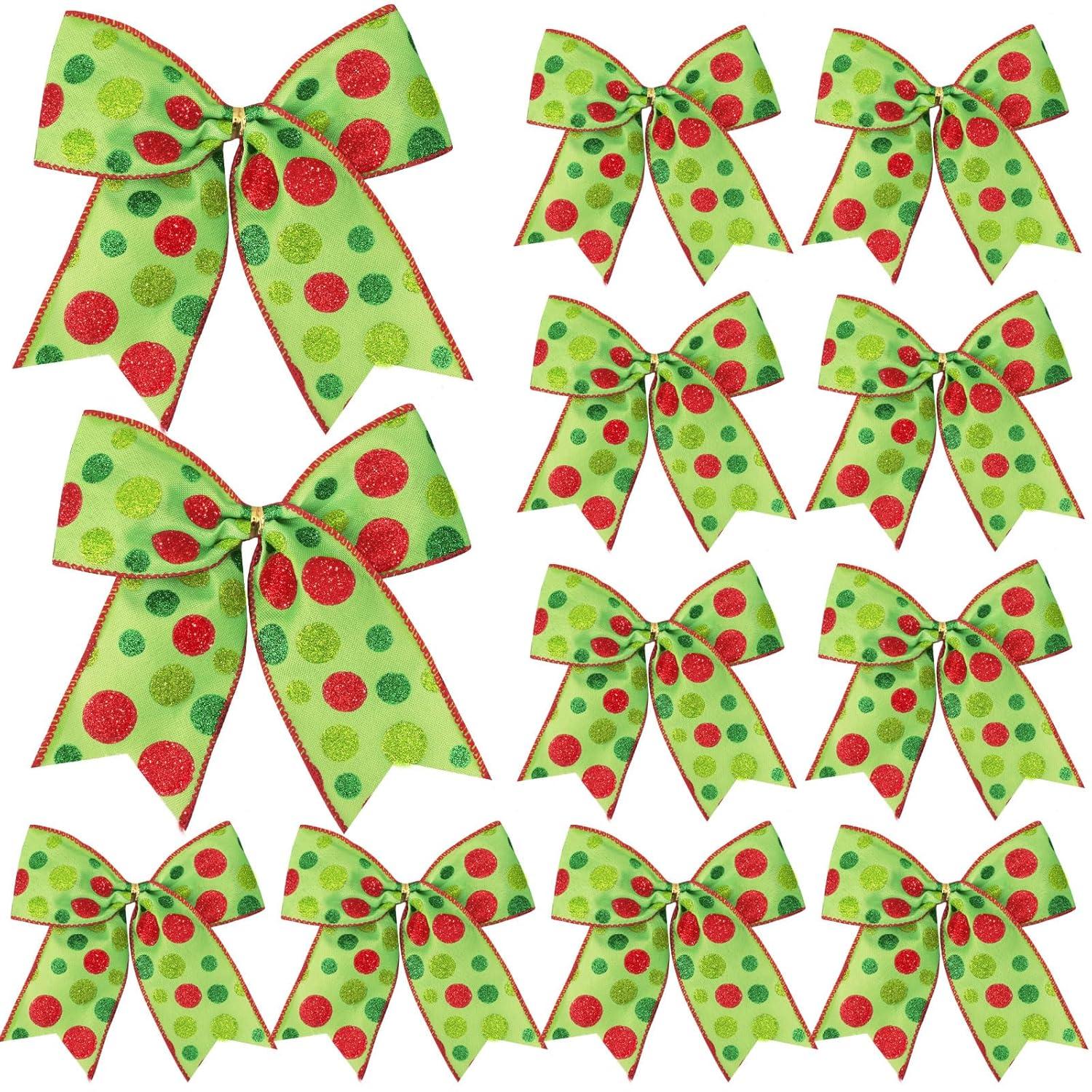 Sandistore Cute Cars 12pcs Christmas Tree Bows Ornaments 6 Inch Large Christmas Wreath Bows Red Green Xmas Tree Bows Christmas Glitter Dot Bows Ribbons Decoration For Garland Diamonds for Crafts