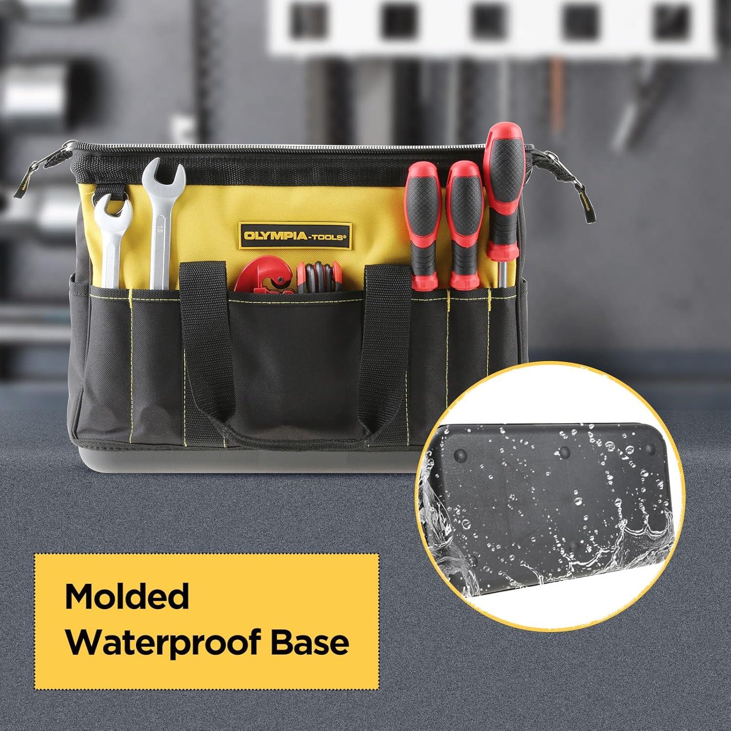 Olympia Tools 16 Inch Wide Mouth Tool Bag, Tool Tote with Water Proof Molded Base, Tool Bags for men with 21 Pockets and 7 Belt Loops, Padded Handle, Adjustable Shoulder Strap