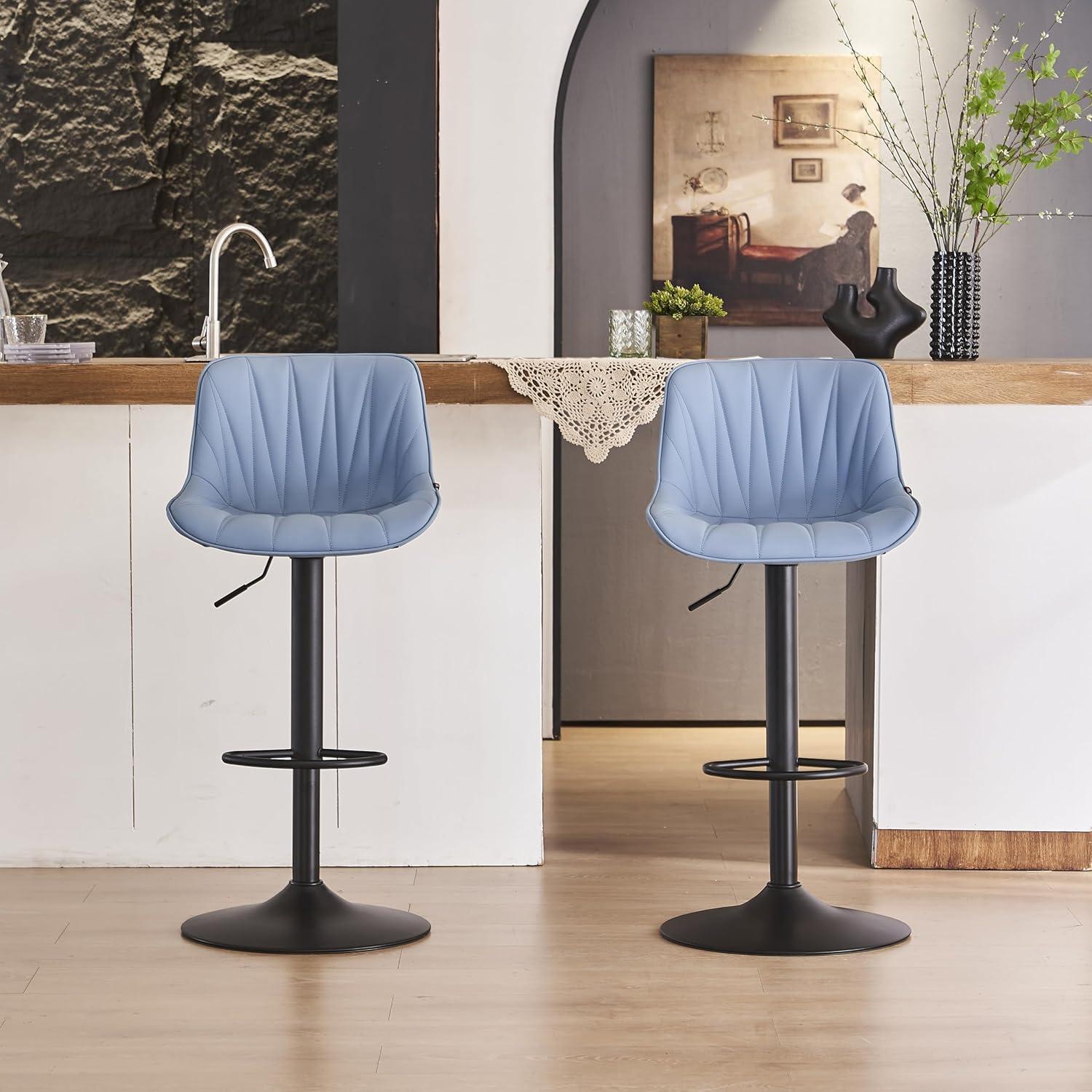 Blue Faux Leather Adjustable Swivel Bar Stools with Metal Base