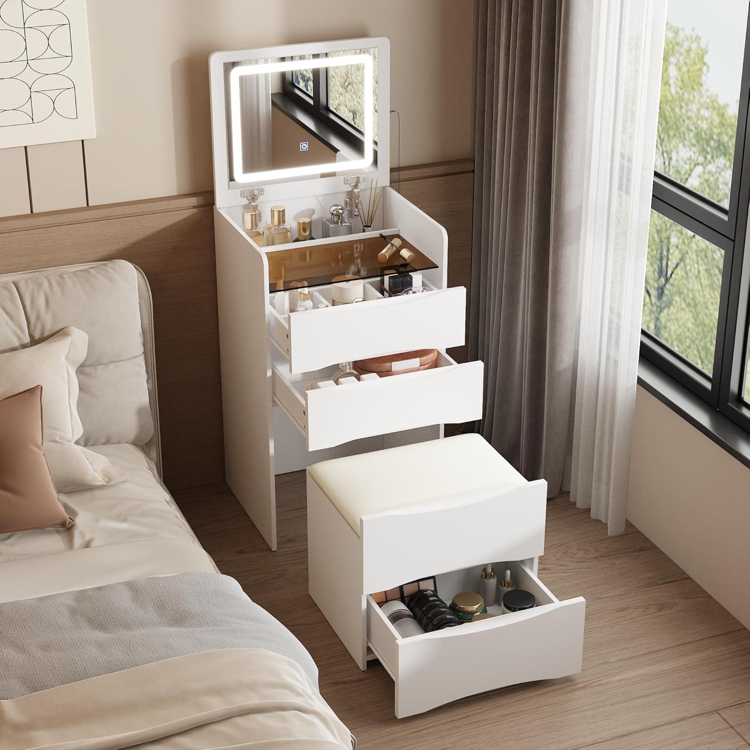 Joqixon Vanity Desk with Flip Top Mirror and Lights, Makeup Vanity Set with Glass Shelf, Space Saving Dressing Table with 3 Drawers & Cushion Stool for Bedroom, White
